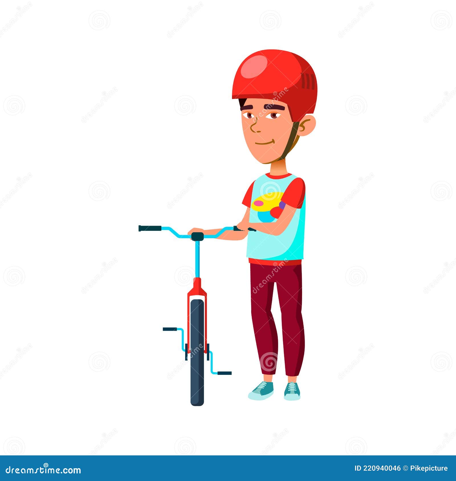 preteen boy with protection helmet riding velo in forest cartoon 