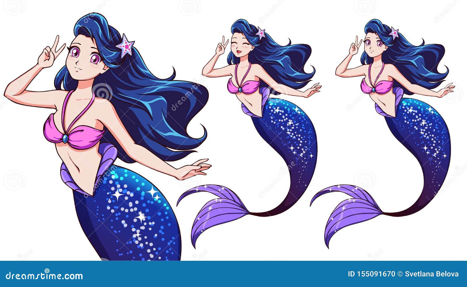 Pretty Anime Mermaid Using a V Sign. Blue Hair and Shiny Blue Fish Tail  Stock Vector - Illustration of design, ocean: 155091670