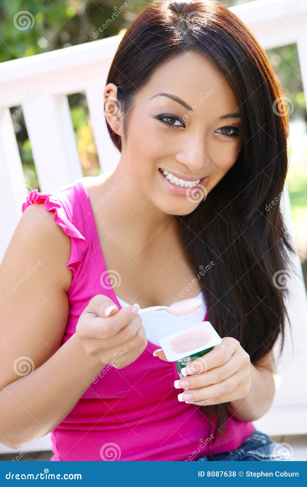Pretty Asian Woman Eating Yogurt Stock Photo Image of outdoor, house