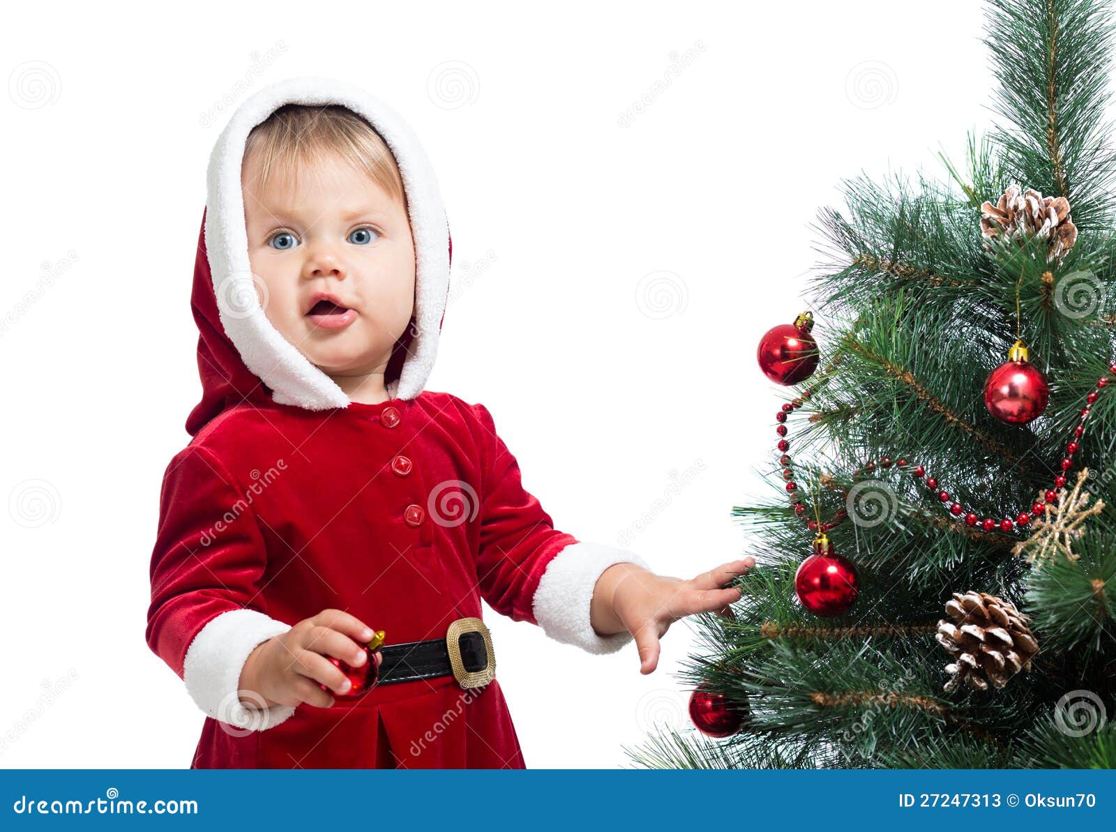 Pretty Baby Decorating Christmas Tree Isolated Stock Image Image of