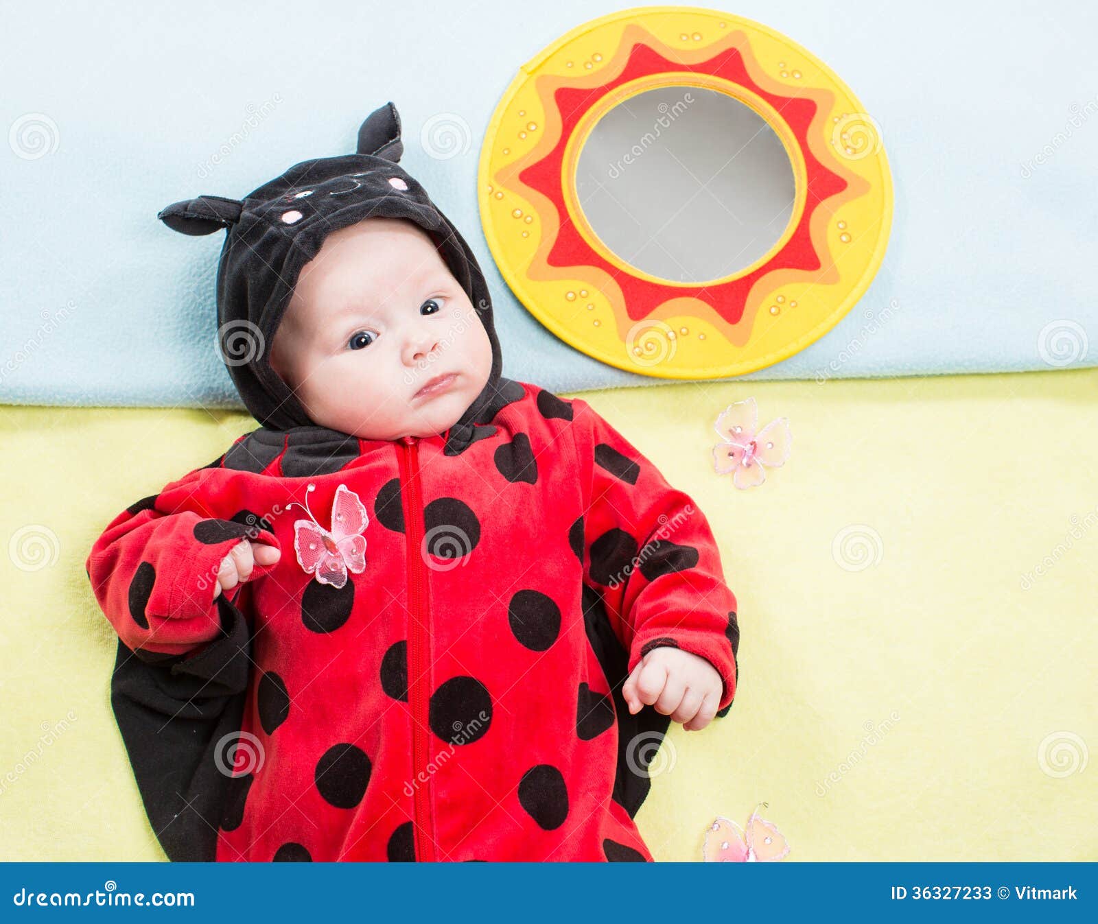 Pretty Baby Girl Dressed in Ladybug Costume on Green Background. Stock Image Image of butterfly cute 36327233