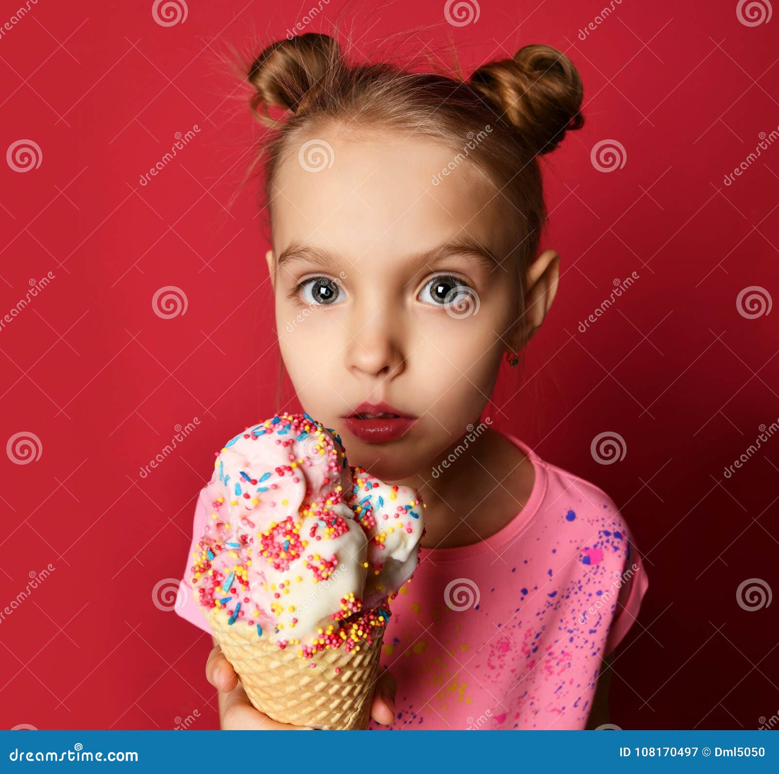 Pretty Baby Girl Kid Holding Ice Cream in Waffles Cone with Raspberry ...