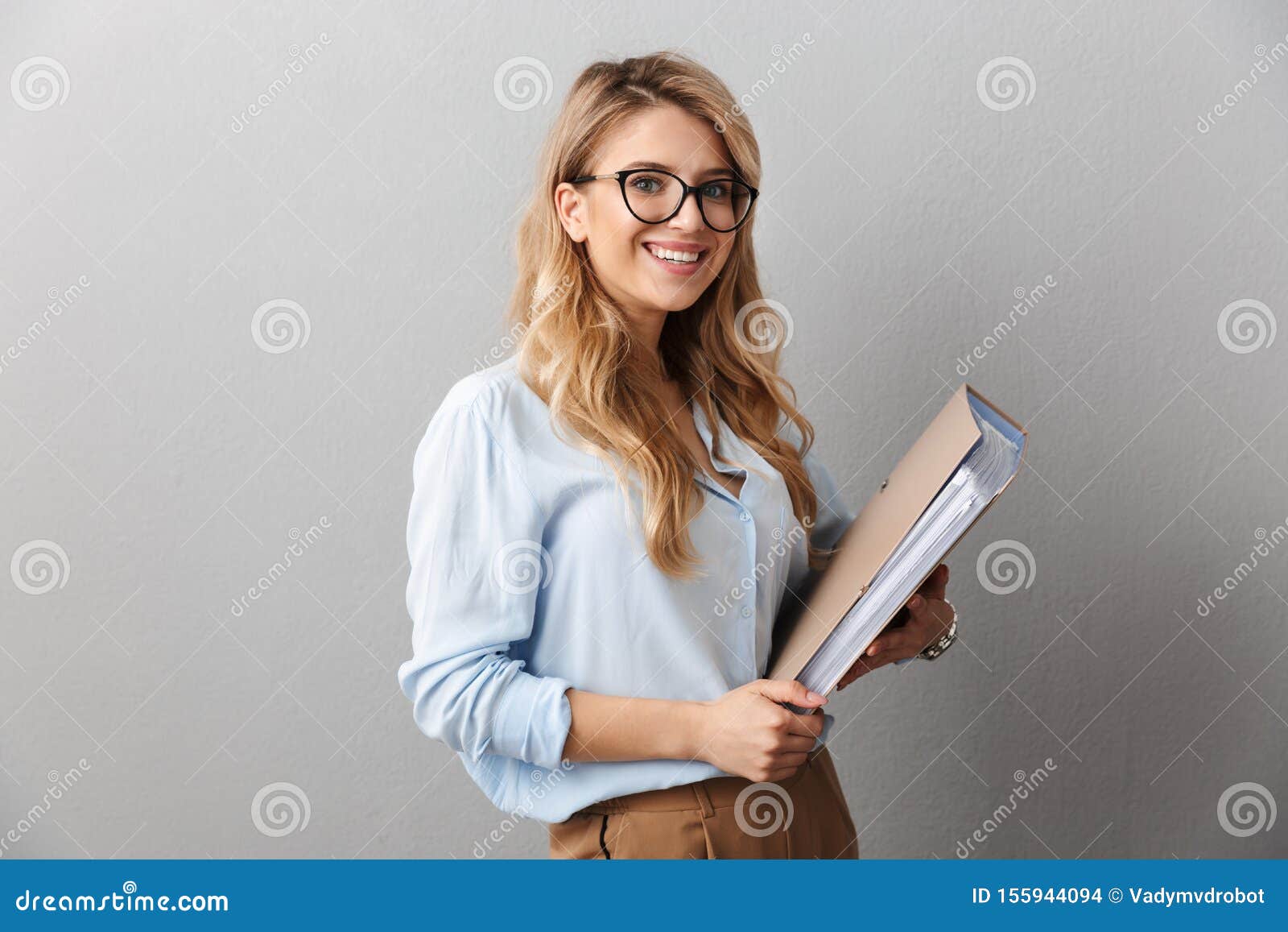 Pretty Blonde Business Woman Posing Grey Wall Background Holding Folder ...