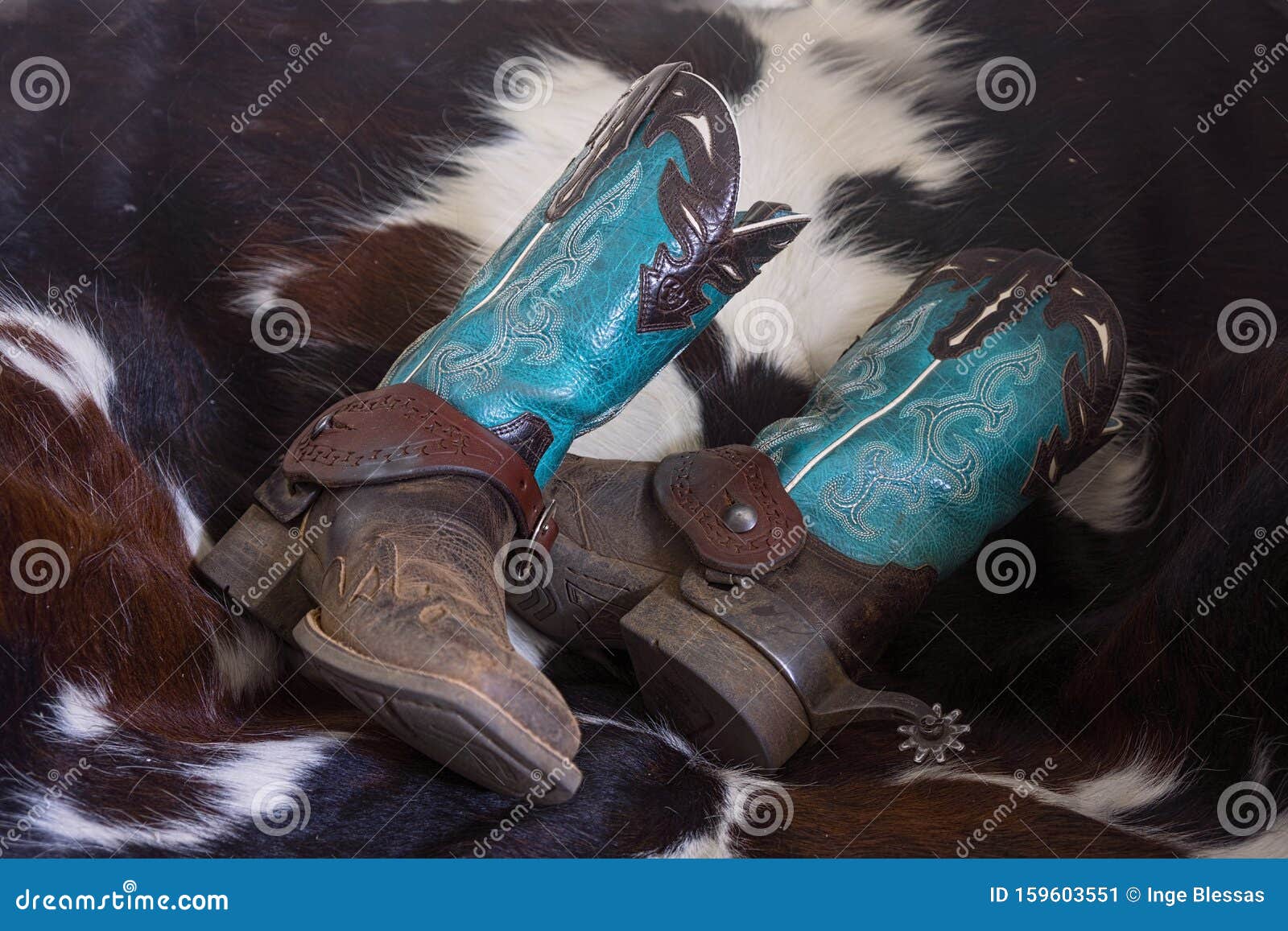 https://thumbs.dreamstime.com/z/pretty-boots-cowgirl-blue-brown-elaborate-stitching-patterns-patterned-cowhide-rug-dusty-outrageous-cowboy-159603551.jpg