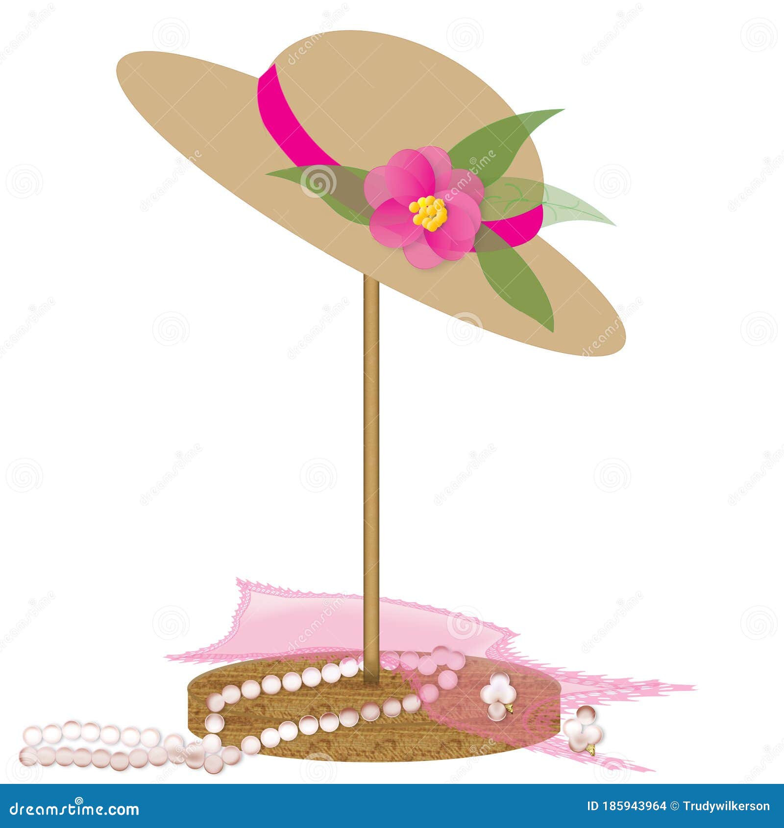 Vintage Graphic Hat with Pink Flower on Hat Stand, Isolated on White ...