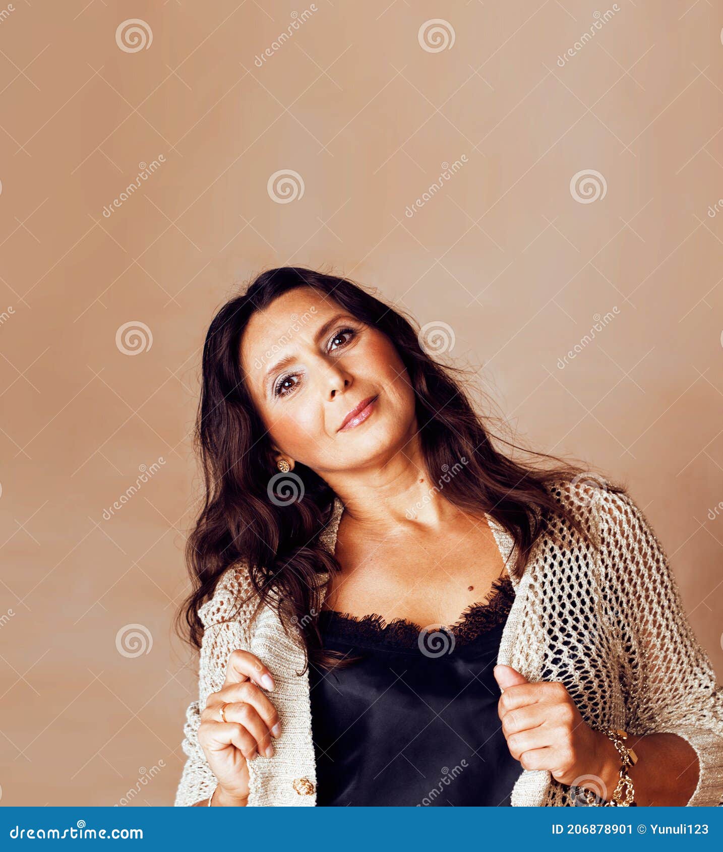 Pretty Brunette Confident Mature Woman Posing Cheerful On Warm Brown Background Lifestyle