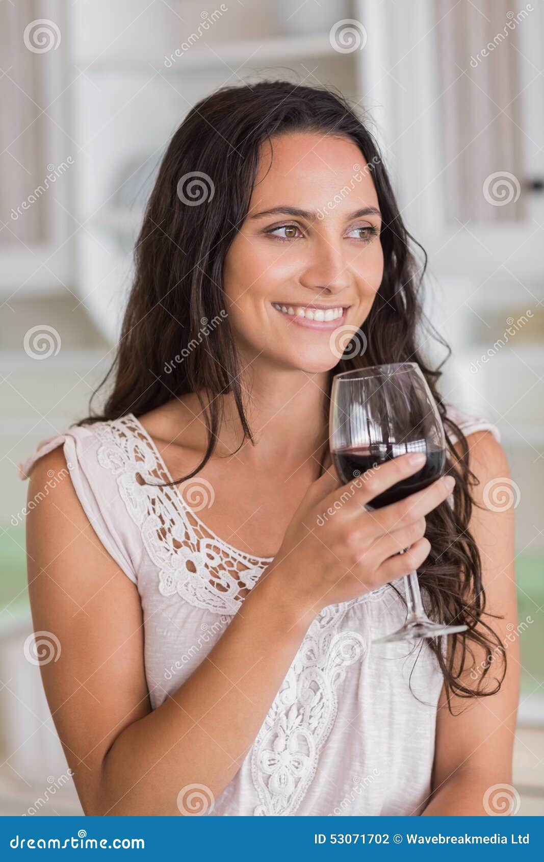 Pretty Brunette Having a Glass of Wine Stock Photo - Image of happy ...