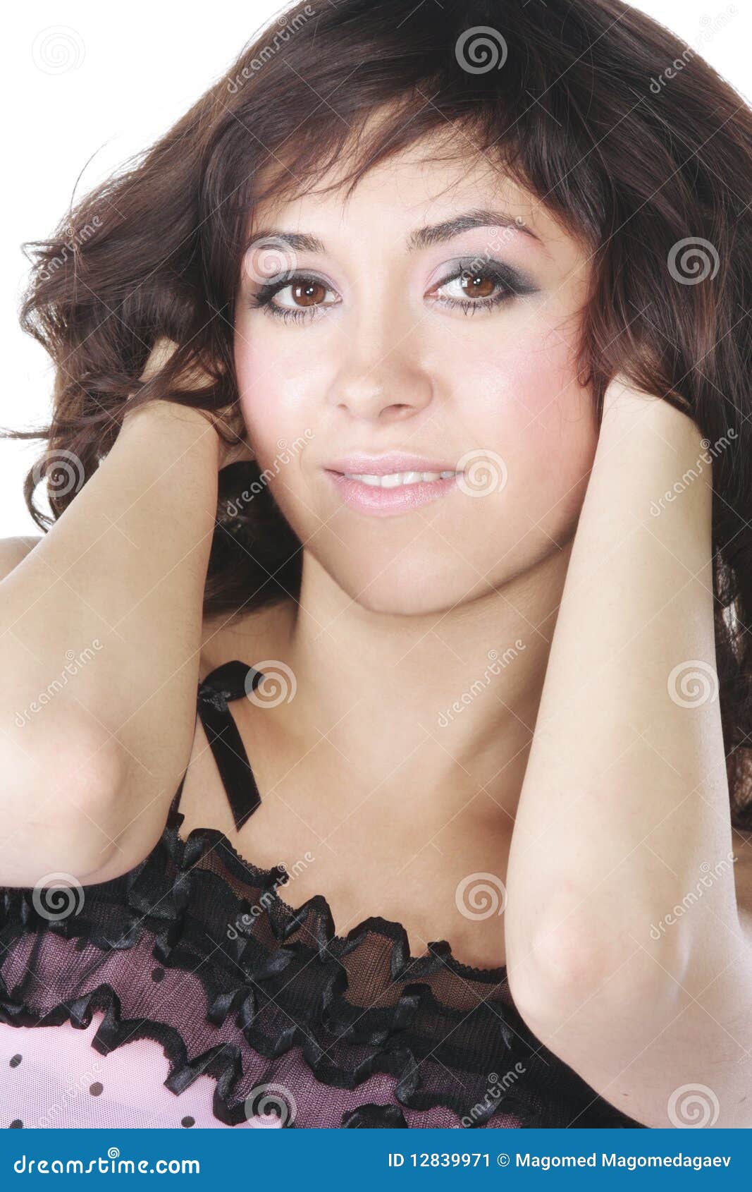 Pretty Brunette in Pink Touching Hair Stock Image - Image of hair, eyes ...