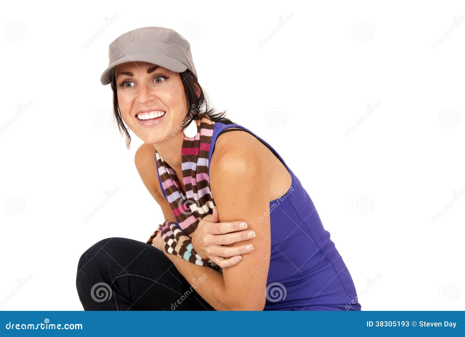 Pretty Brunette Smiling Crouched Down On Knee Wearing Scarf And Stock