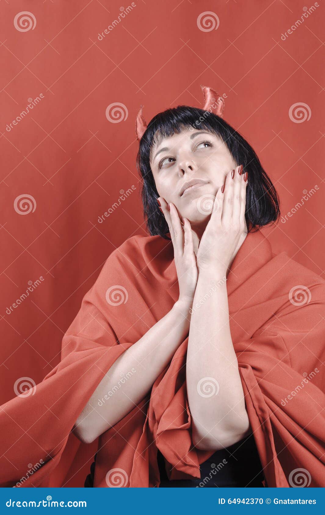 Pretty Woman with the Red Devil Horns Stock Photo Image of danger, horns 64942370