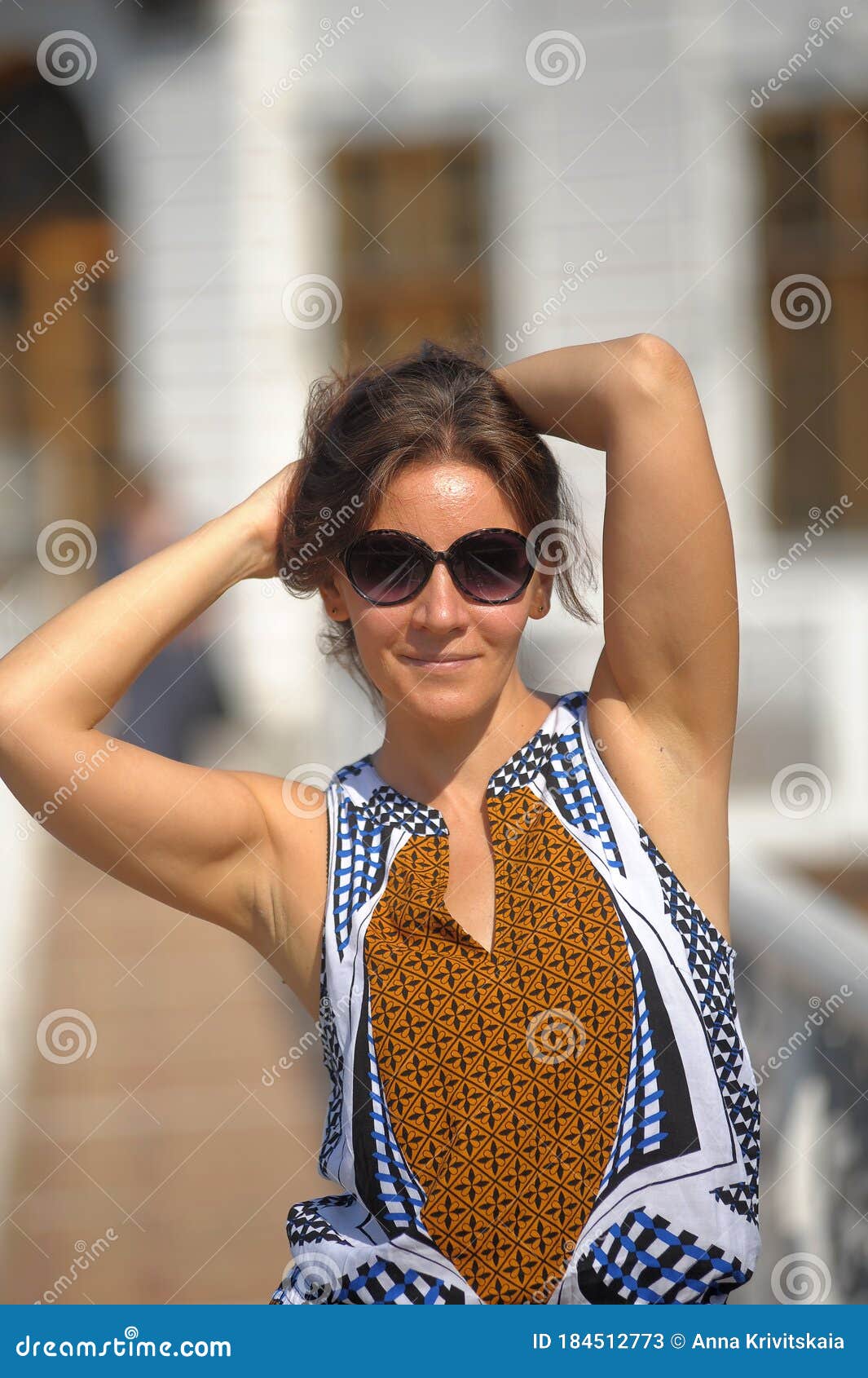 Brunette Woman In Summer Wearing Sunglasses Portrait Stock Image Image Of Happy Adult 184512773