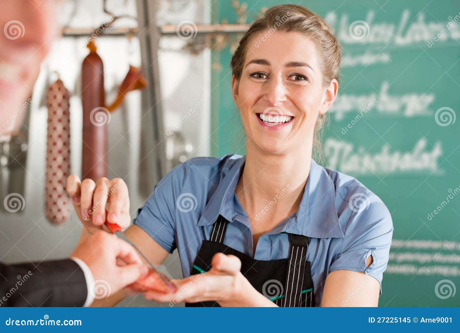 Pretty Butcher Selling Meat To Customer Stock Image Image of chopped