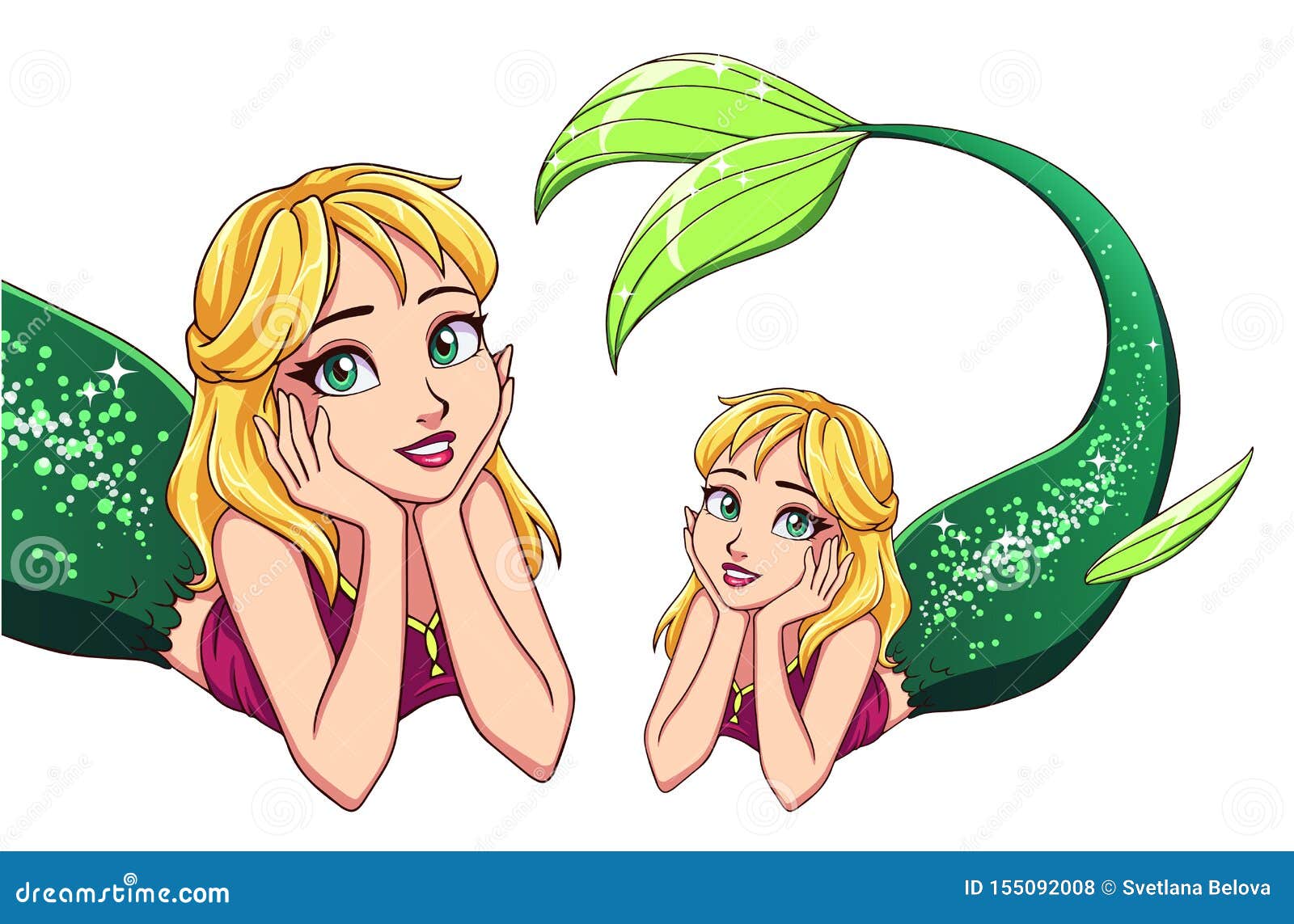 Pretty Cartoon Lying Mermaid. Blonde Hair and Shiny Green Fish