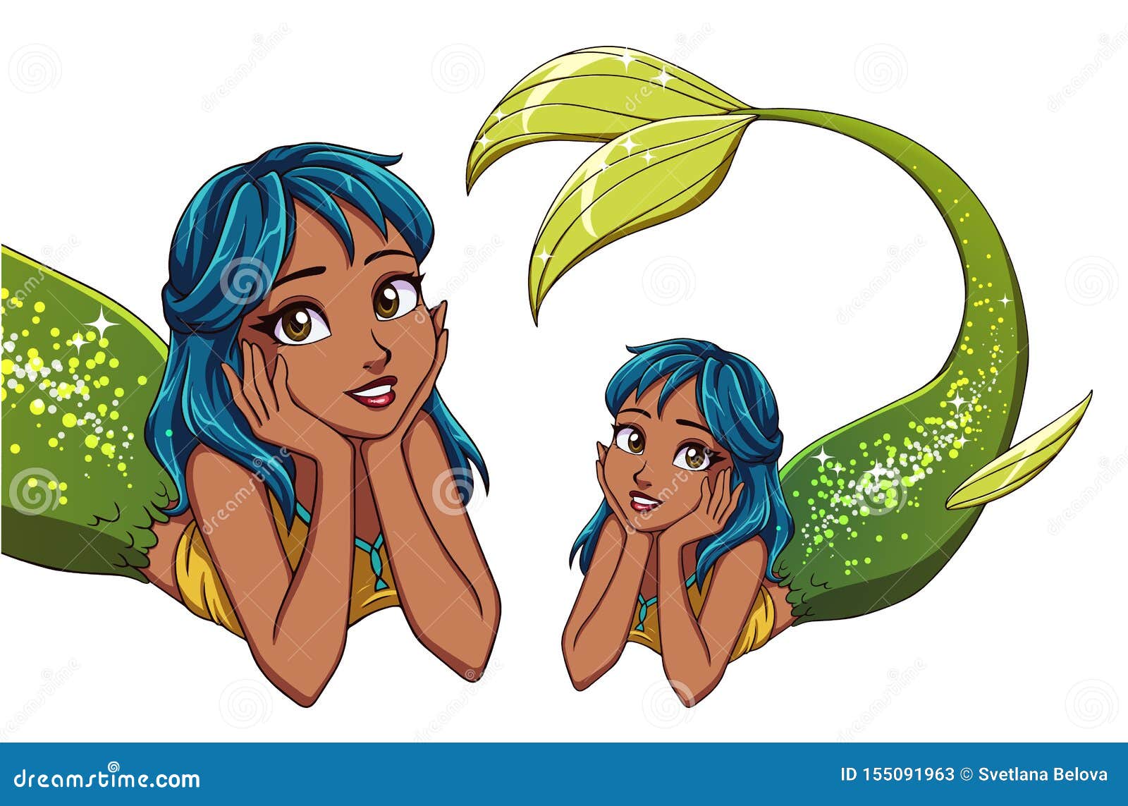 Pretty Cartoon Lying Mermaid. Blue Hair and Shiny Green Fish Tail
