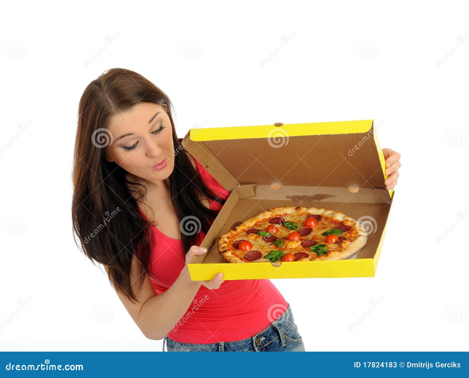 Pretty Casual Girl With Pizza In Delivery Box Stock Image