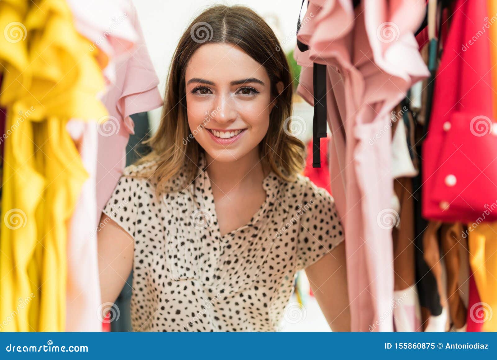 Smiling Young Female Customer Shopping in Mall Stock Image - Image of ...
