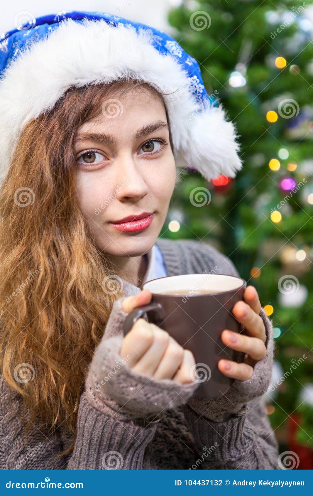 Pretty Caucasian Woman Portrait, Holding Tea Mug in Hands and Looking ...