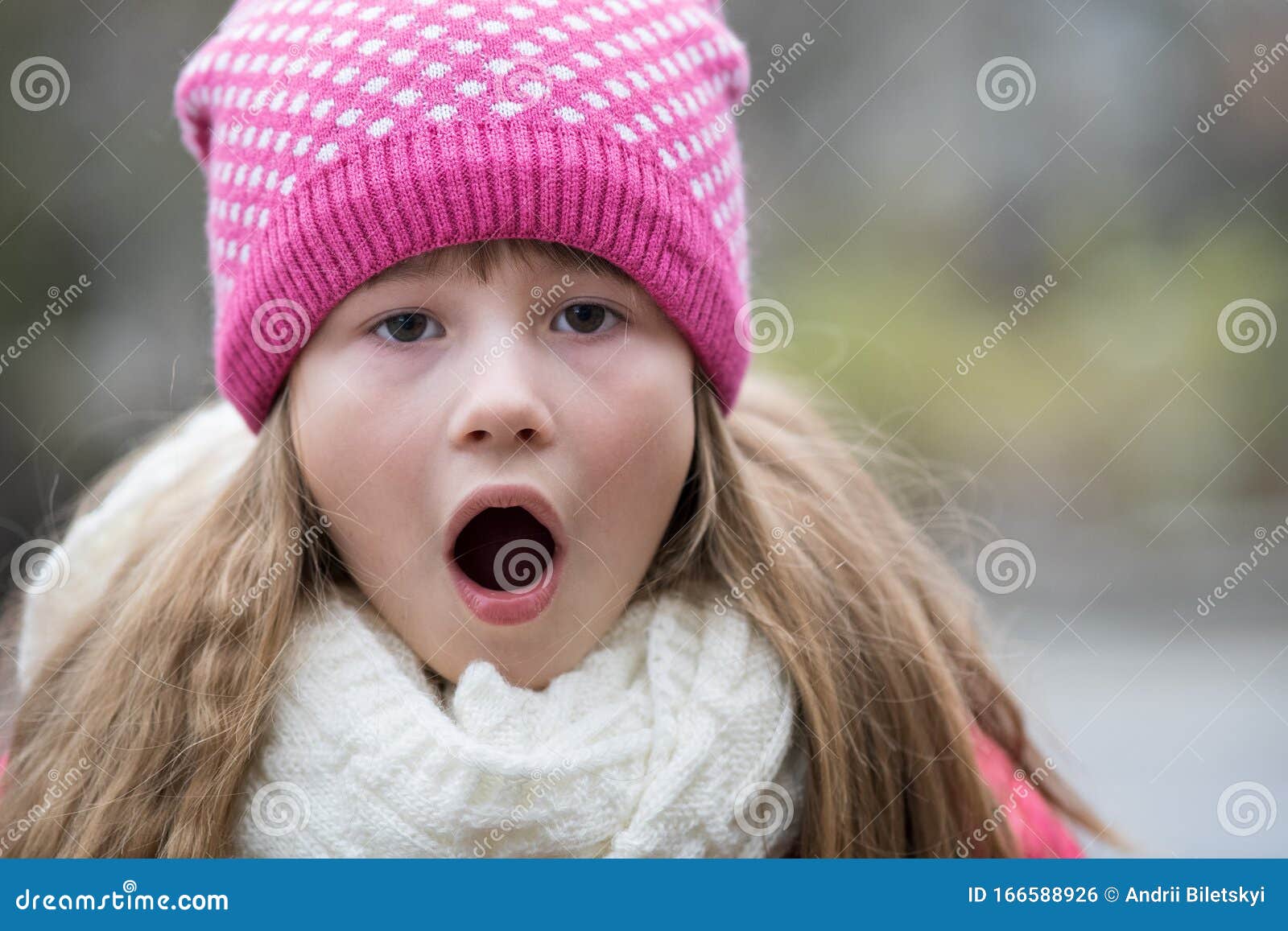 Pretty Child Girl in Warm Knitted Winter Clothes Outdoors Stock Photo ...
