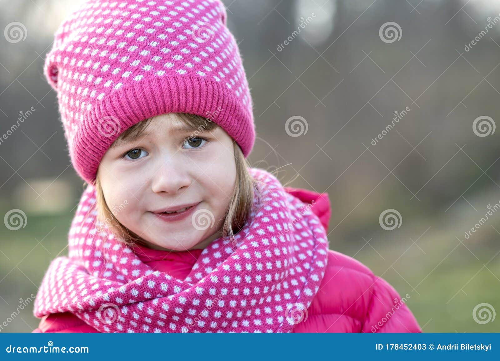 Pretty Child Girl in Warm Knitted Winter Clothes Outdoors Stock Image ...