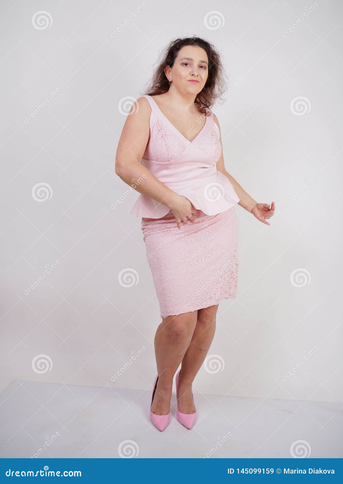 Pretty Chubby Positive Girl Dancing In Pink Fashionable 