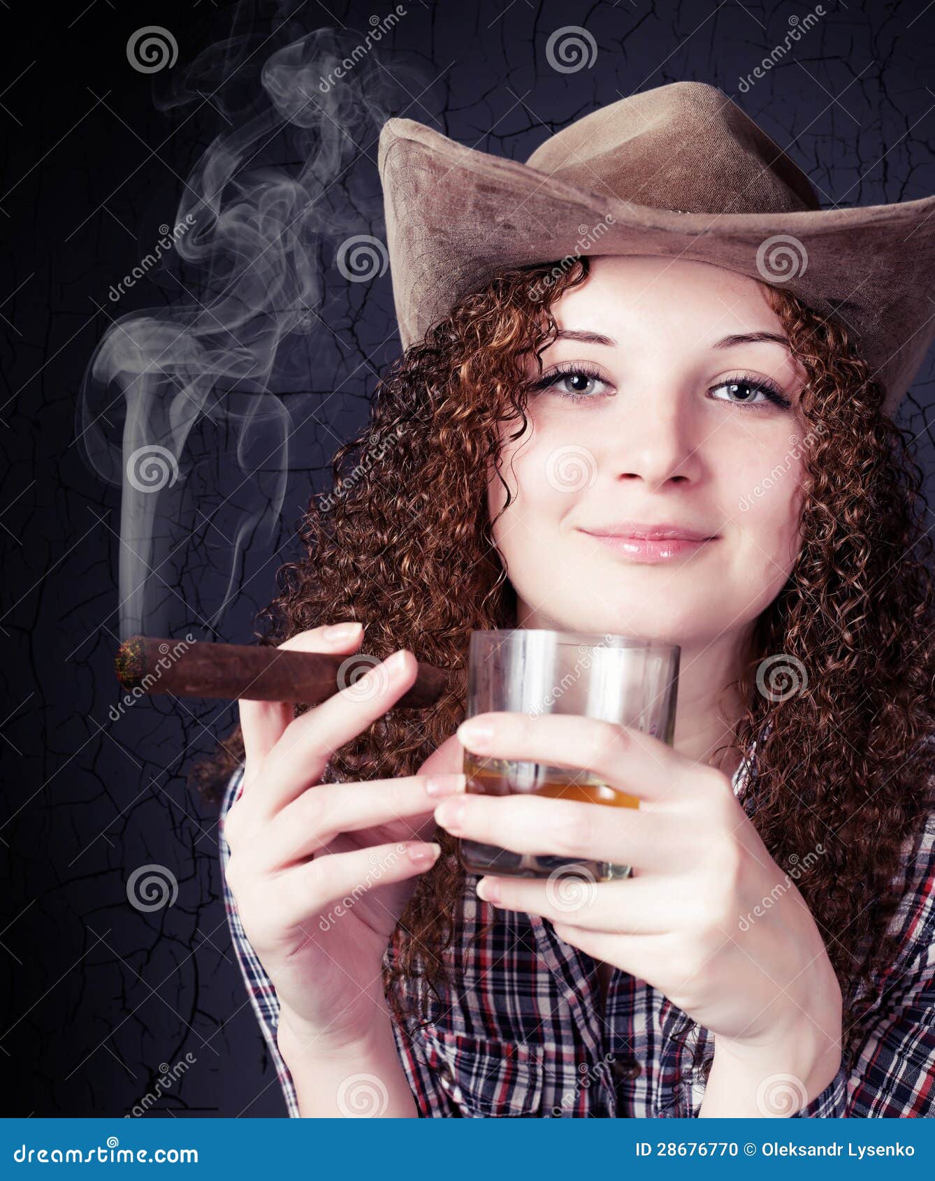 Pretty Curly Girl in a Cowboy Hat Stock Photo Image of fashion, cigar