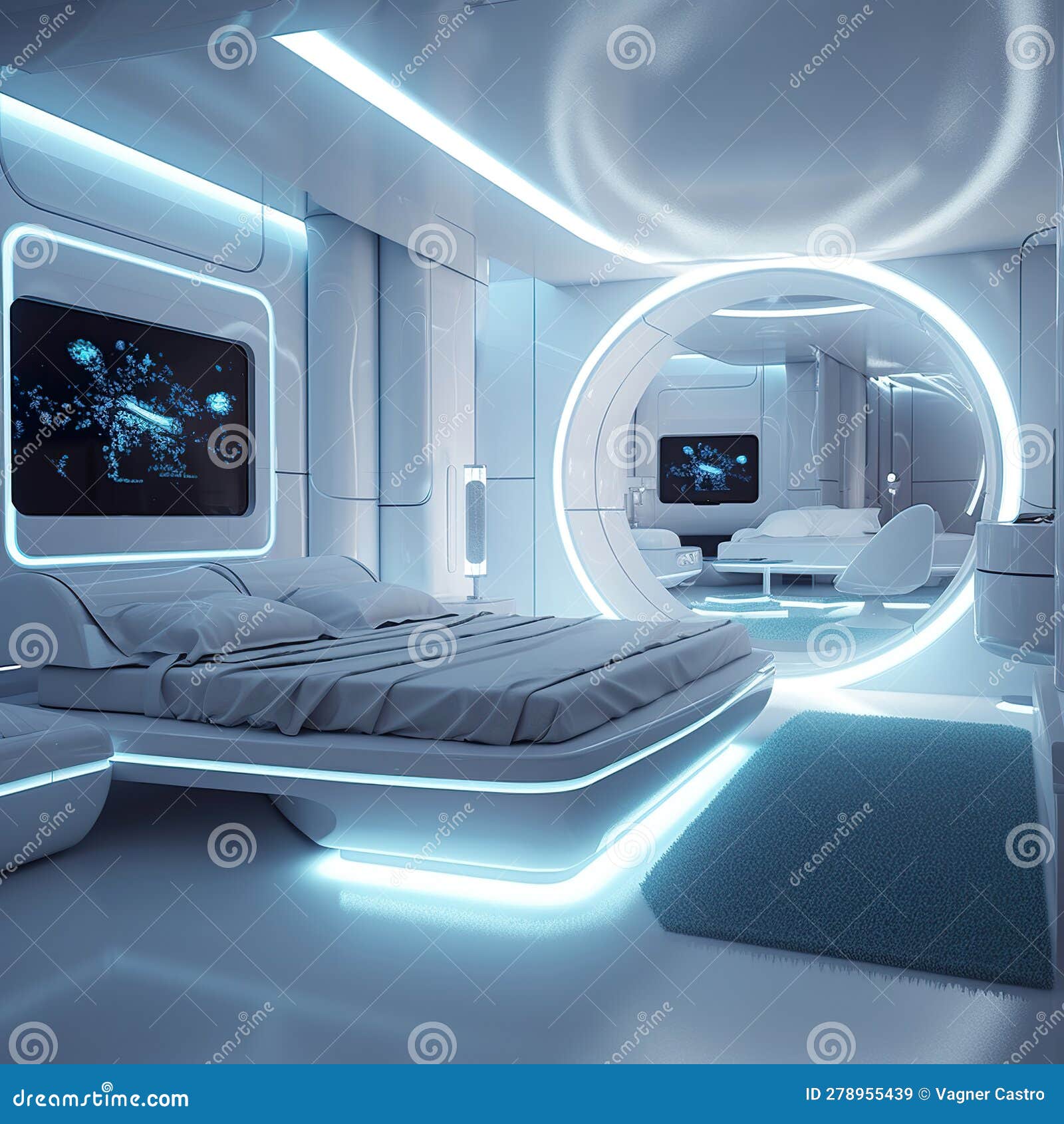 Futuristic Bedroom Decor with Large White Bed in Futuristic Room Interior.  Generative Ai Stock Illustration - Illustration of living, cozy: 277124298