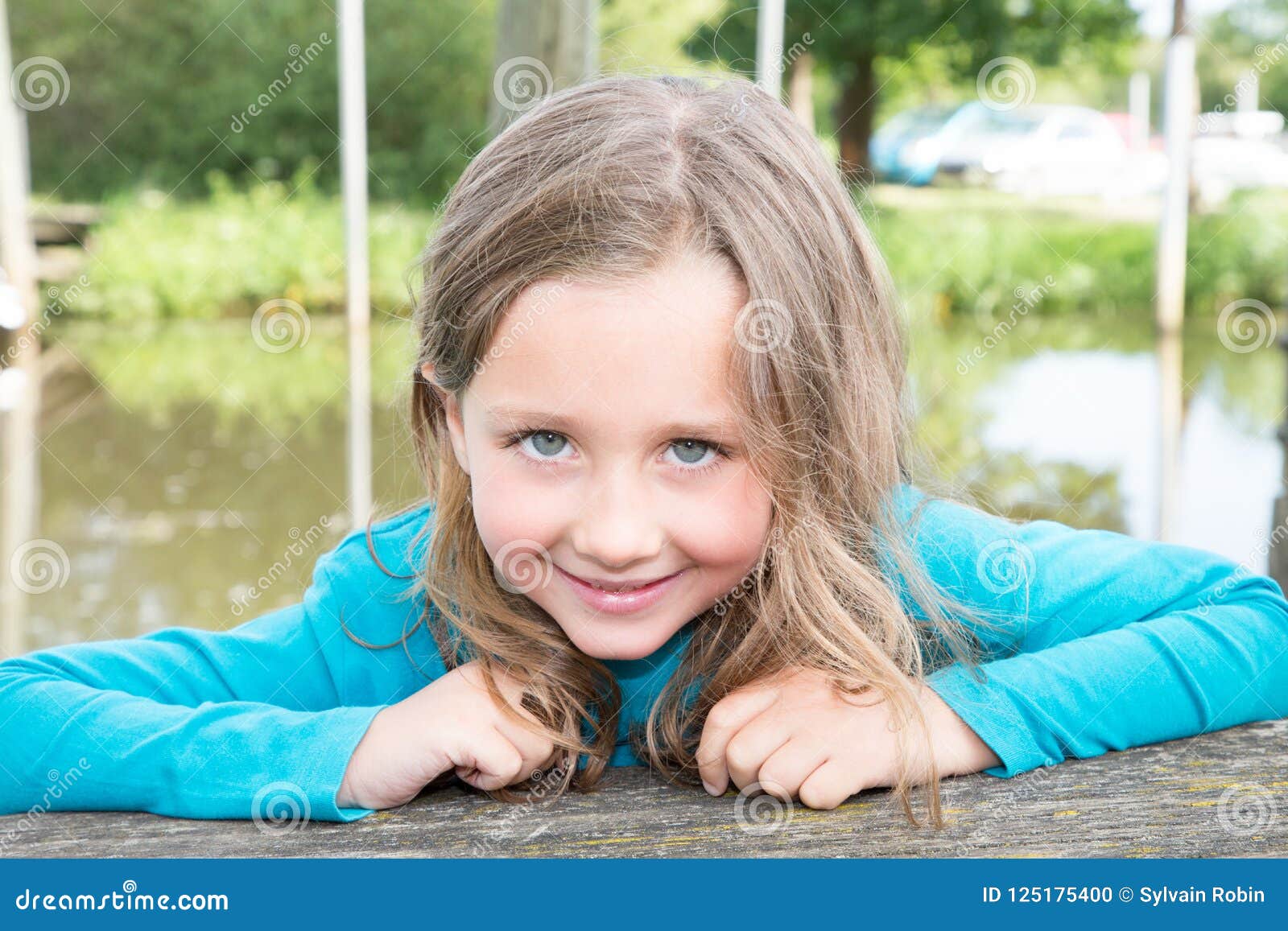 Cute Child Girl Outdoor Riverside in Summer Stock Photo - Image of ...