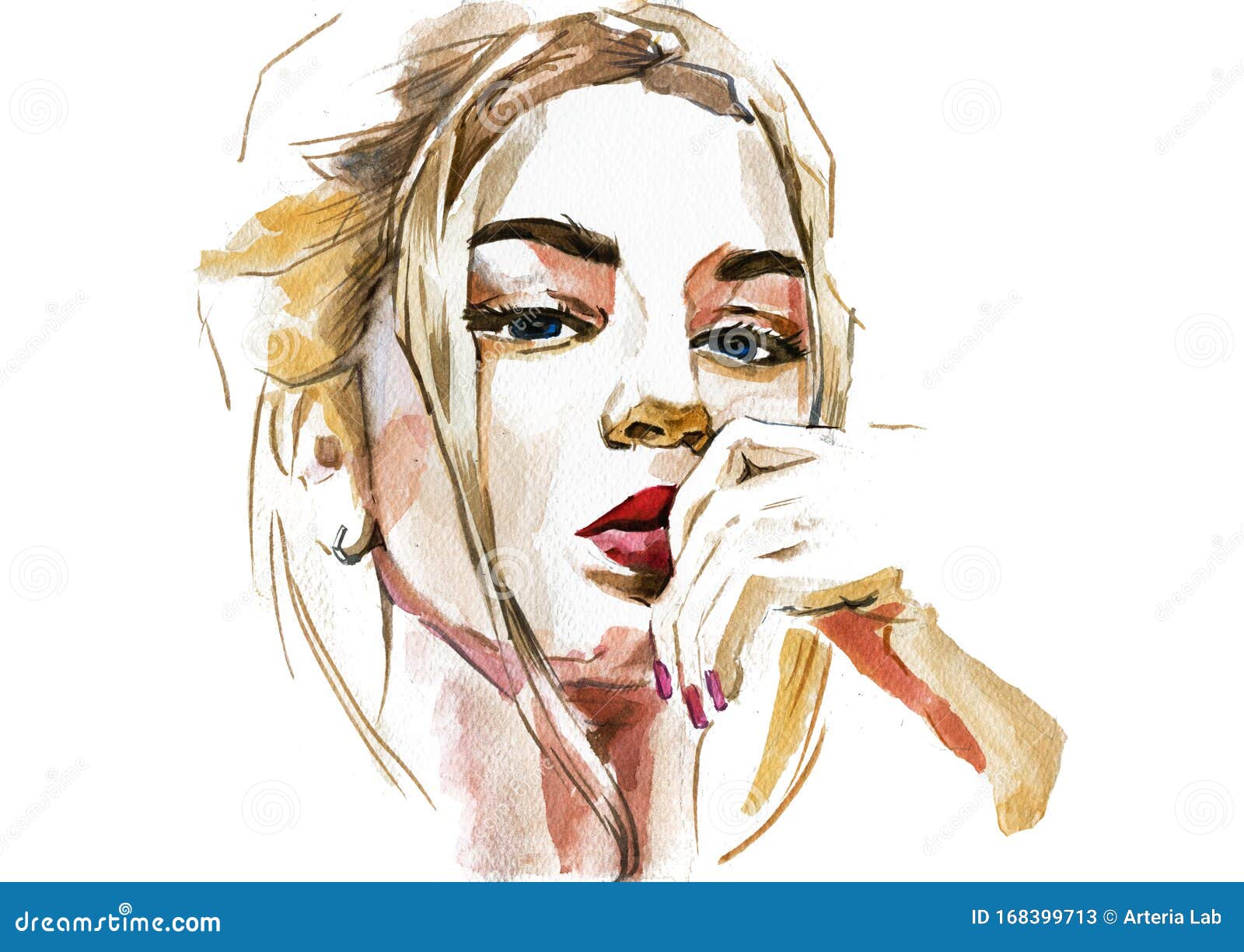 Modern Young Blonde Woman Portrait Hand Drawn Watercolor Illustration Stock Image - Image Of Deep, Appearance: 168399713