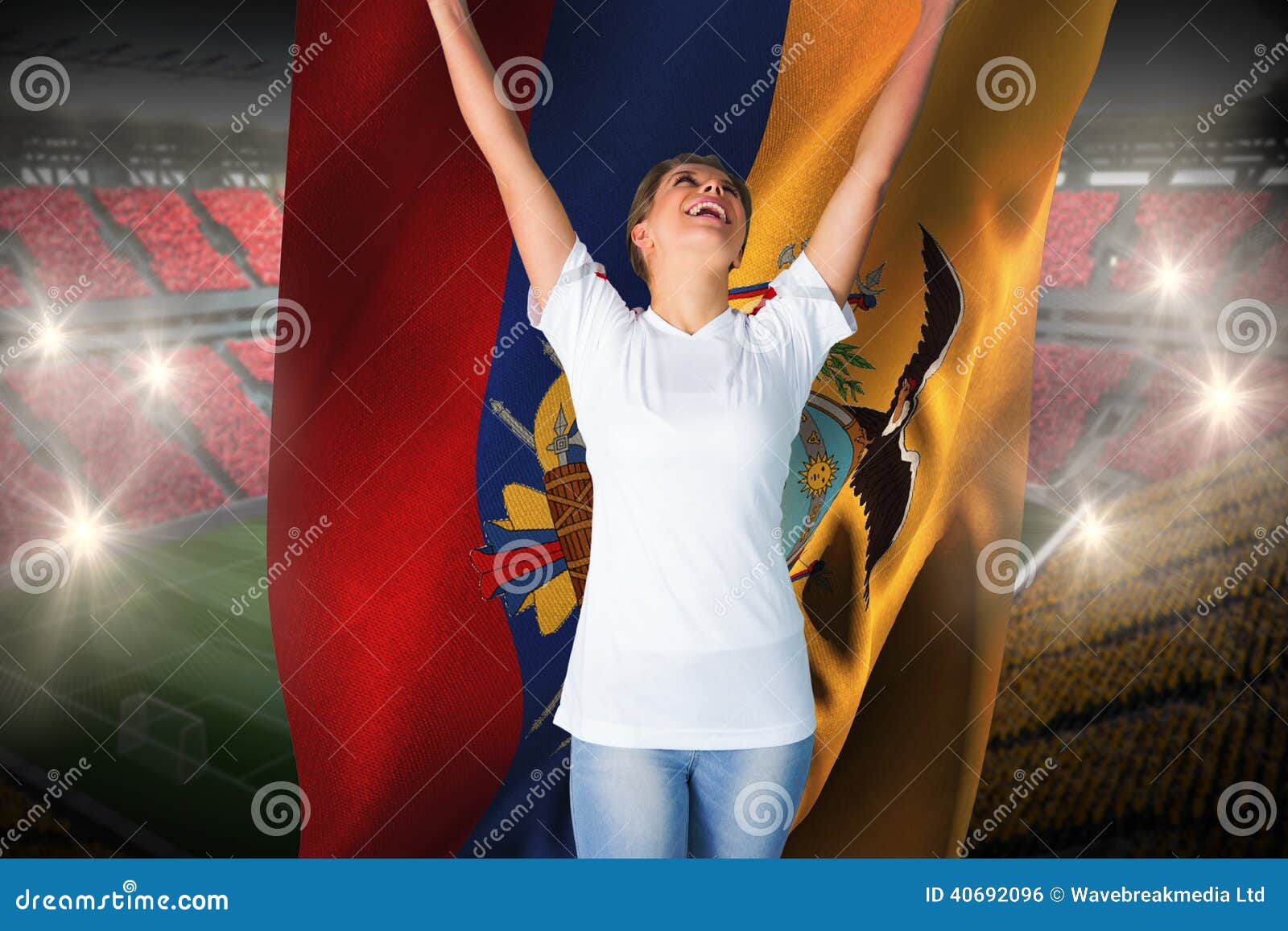 Pretty Football Fan In White Cheering Holding Ecuador Flag