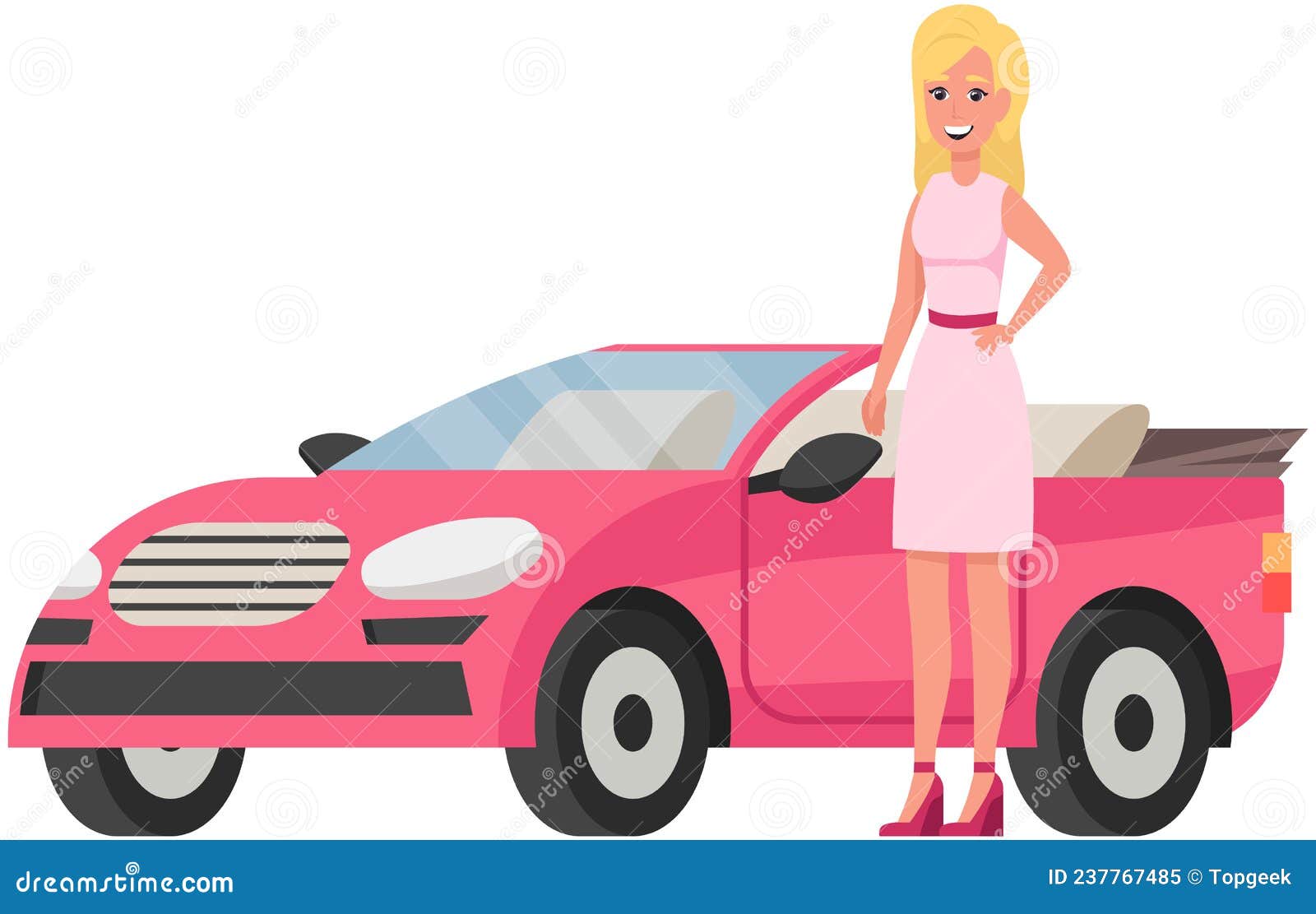 Pretty Girl With Beautiful Hair In Dress Stands Near Pink Car Blonde