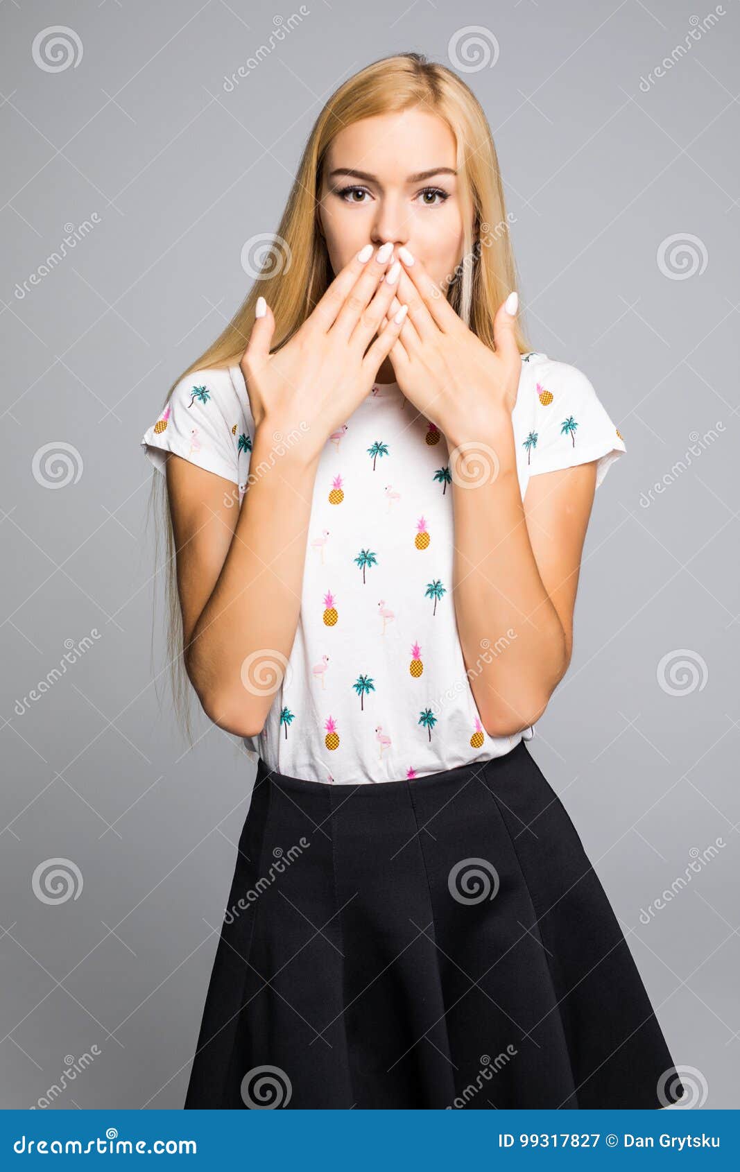 Pretty Girl Covering Her Mouth Over Grey Stock Image Image Of Cover 