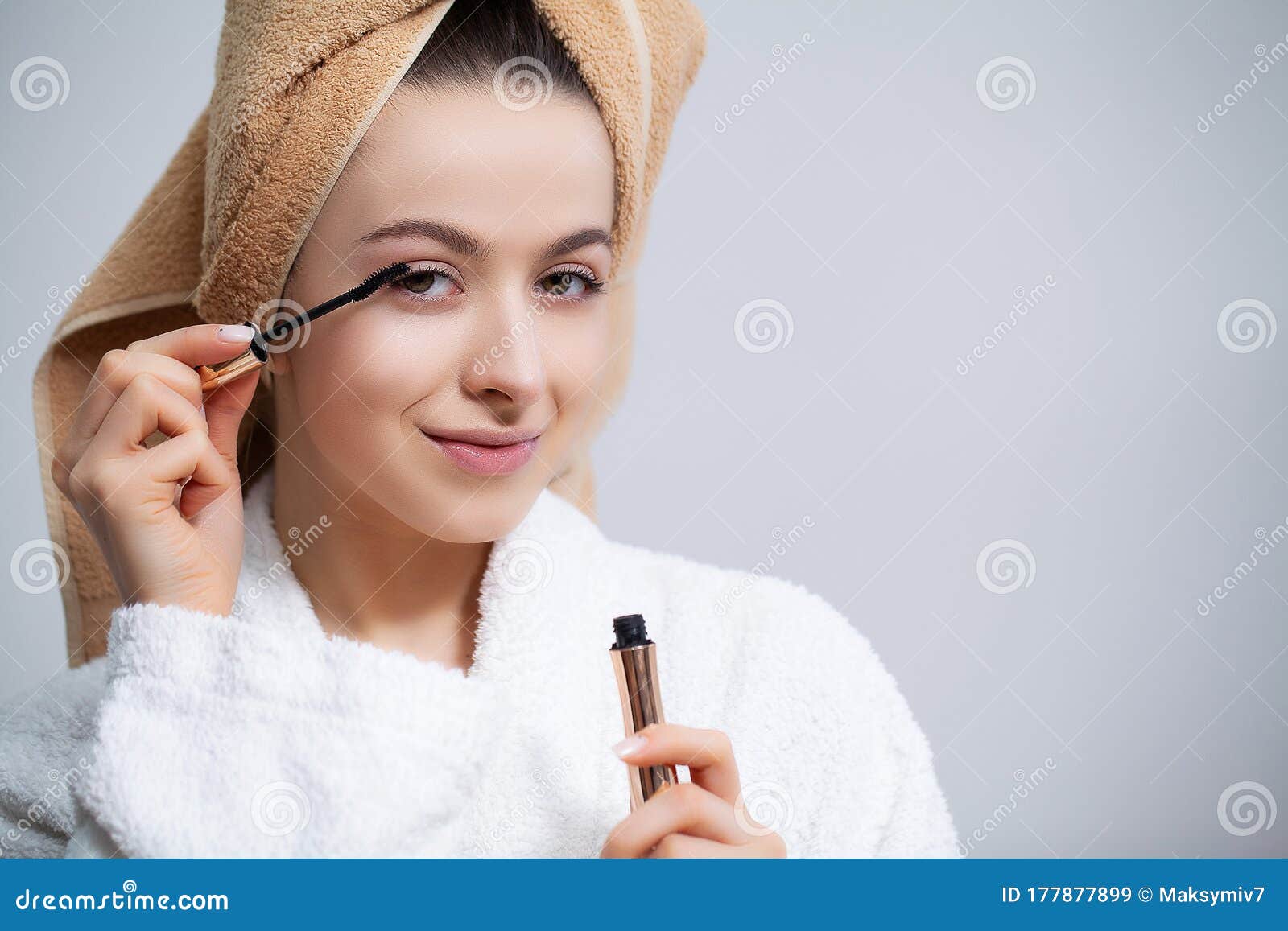 Pretty Girl Doing Cosmetic Procedures at Home in Front of Mirror Stock