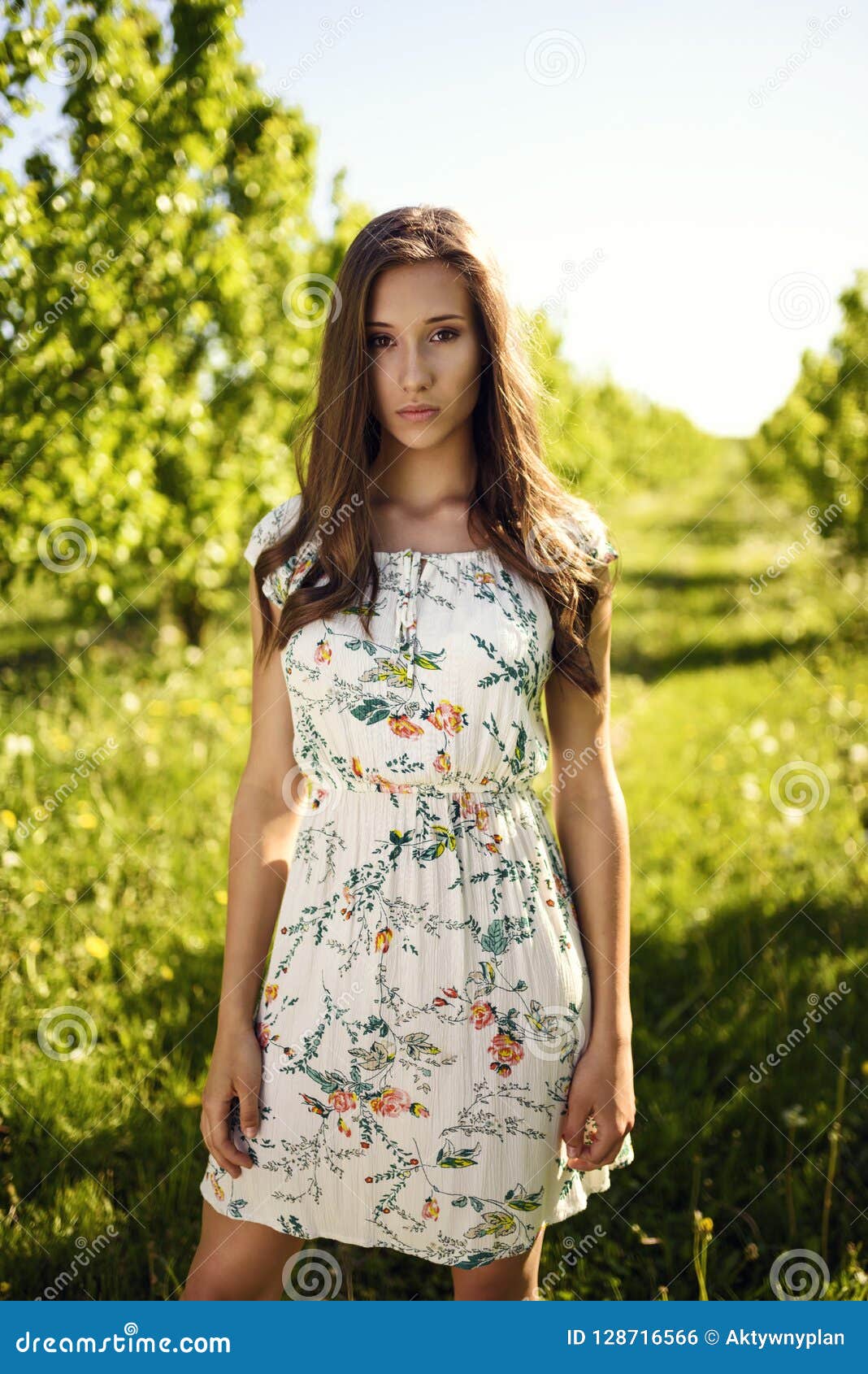 Standing Brunette in the Garden. Stock Photo - Image of dress, long ...