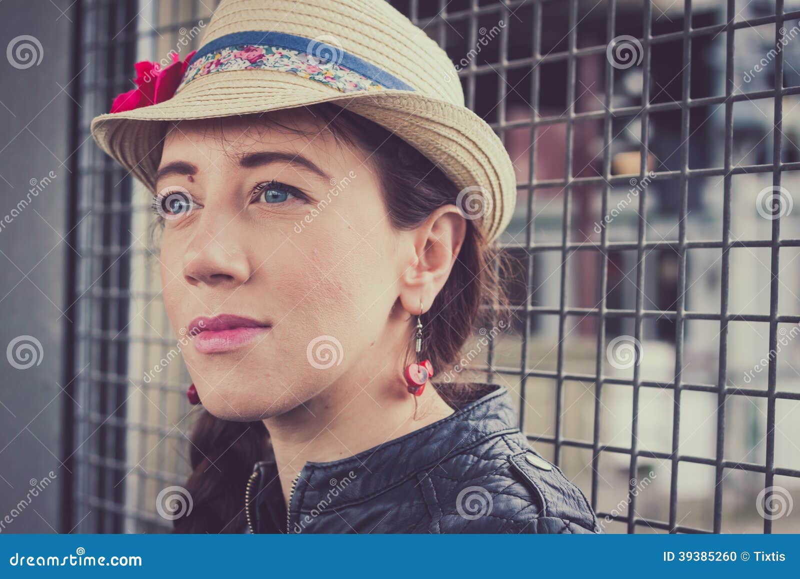 Pretty Girl with Hat and Leather Jacket Posing Stock Photo Image of