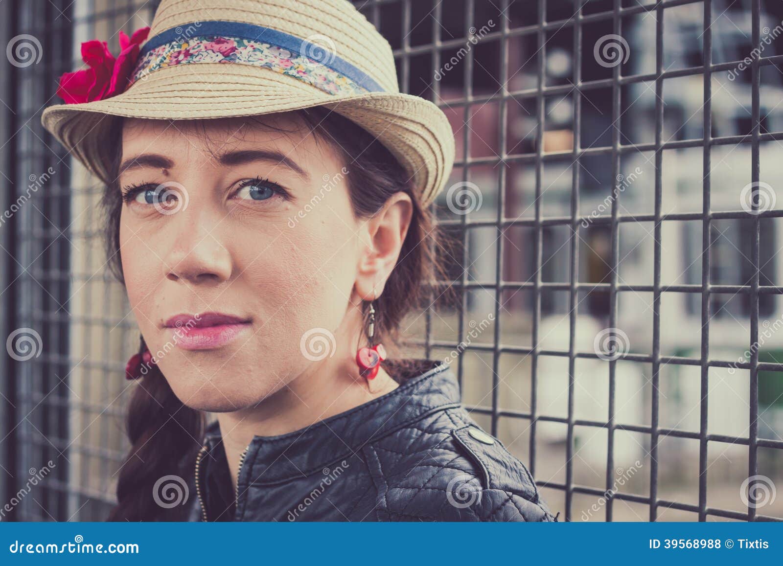 Pretty Girl with Hat and Leather Jacket Posing Stock Photo Image of