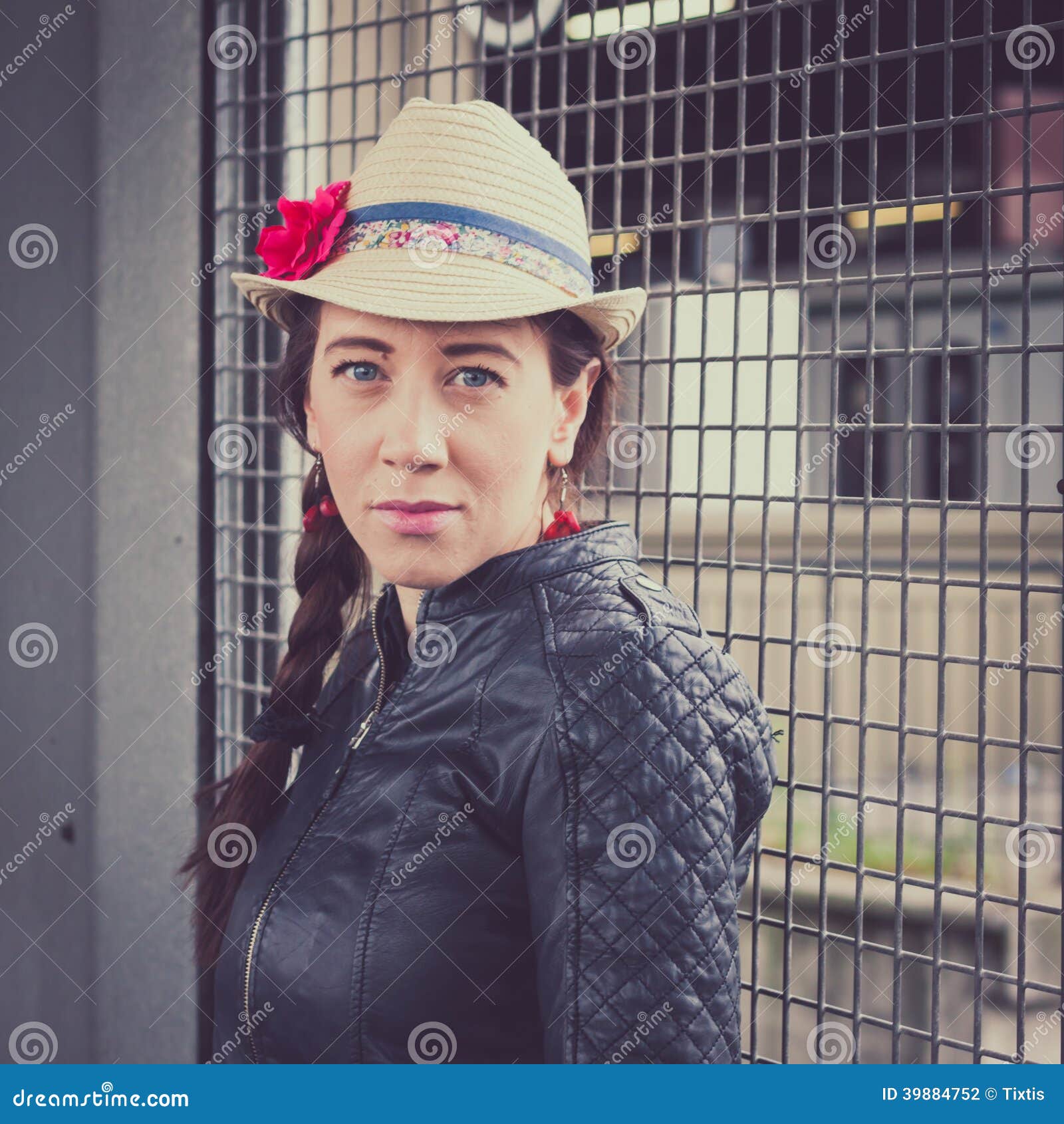 Pretty Girl with Hat and Leather Jacket Posing Stock Photo Image of