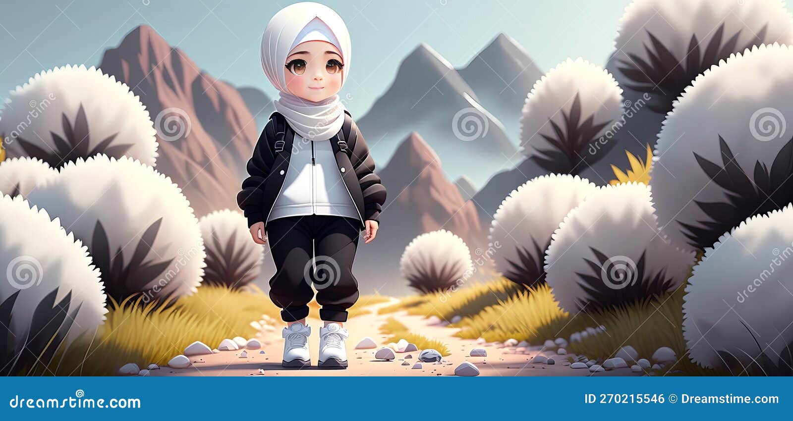 a pretty girl on a nature hike in a hijab and a white jacket and black pants