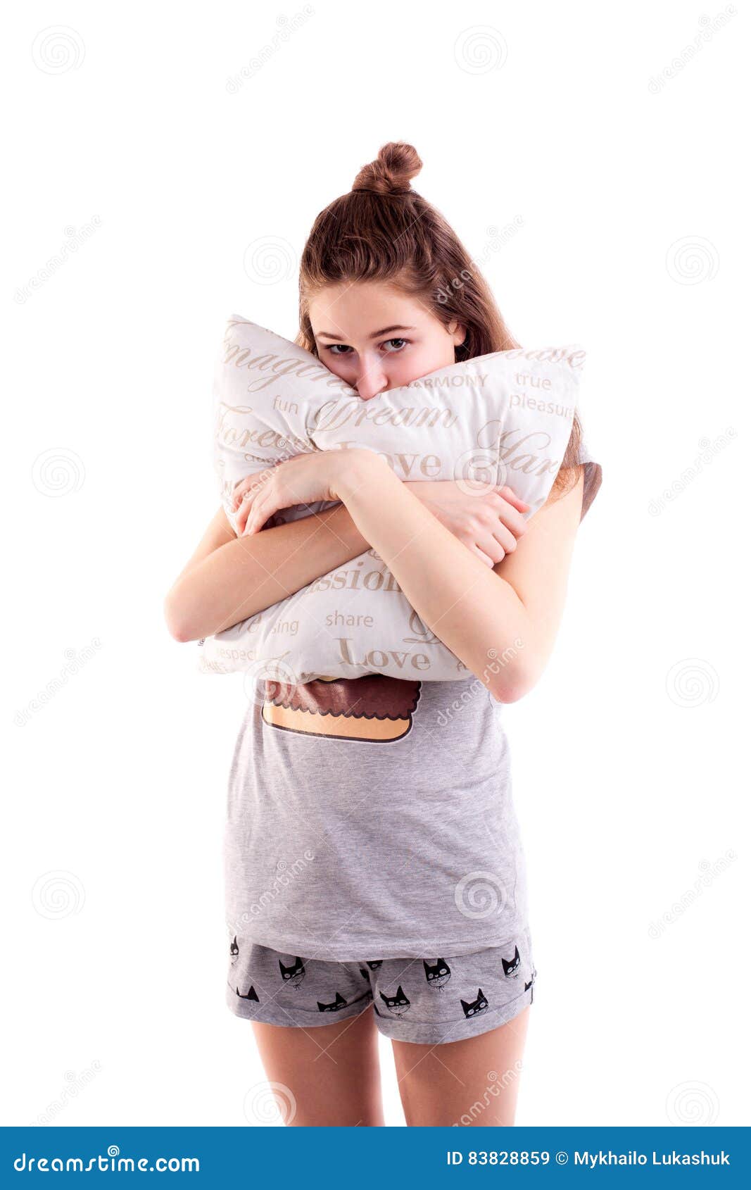 Pretty Girl Hug a Pillow Isolated Stock Image Image of home, care