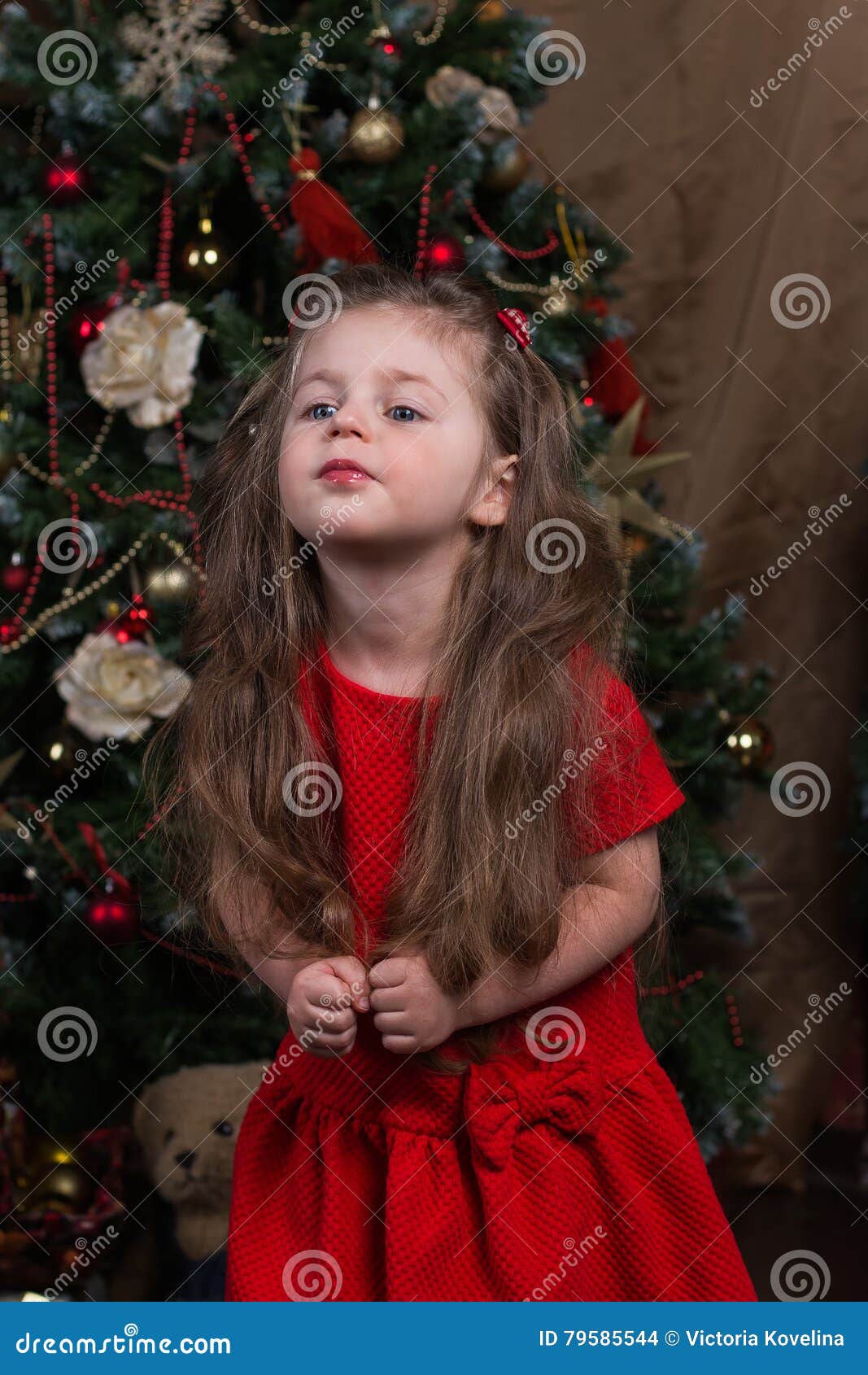 Pretty Girl with Long Hair in a Red Dress in the Feast of Christmas ...