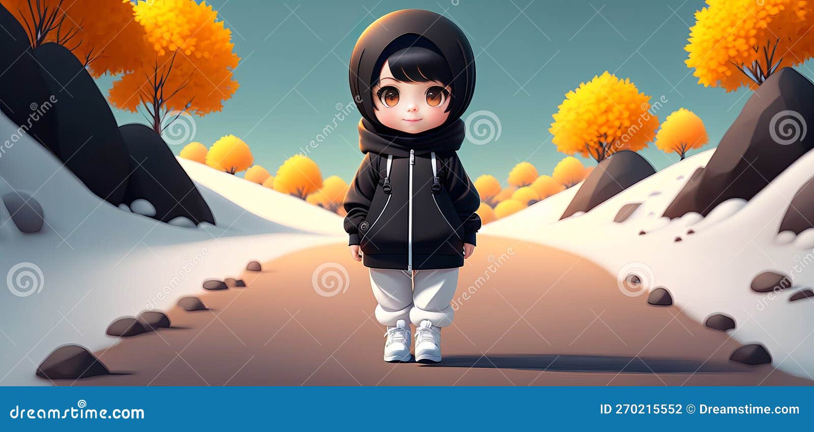 a pretty girl on a nature hike in a hijab and a black tracksuit and white pants