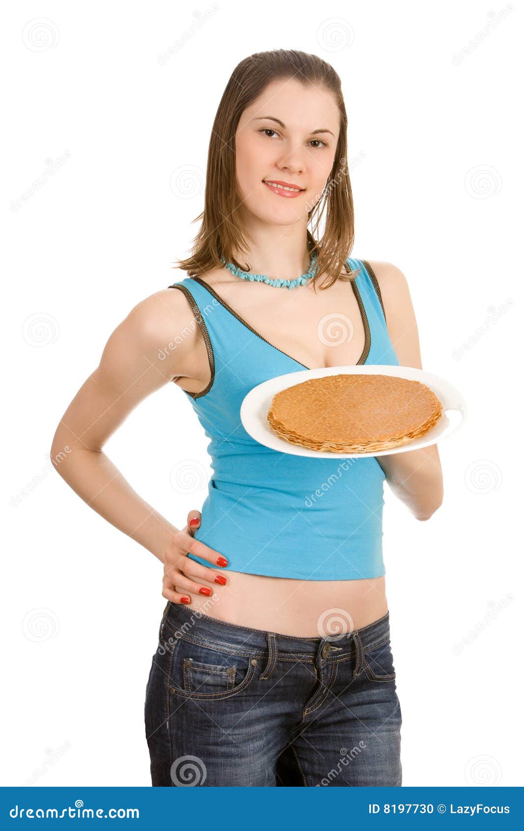 Pretty Girl with Pancakes. Isolted on White Stock Photo Image of
