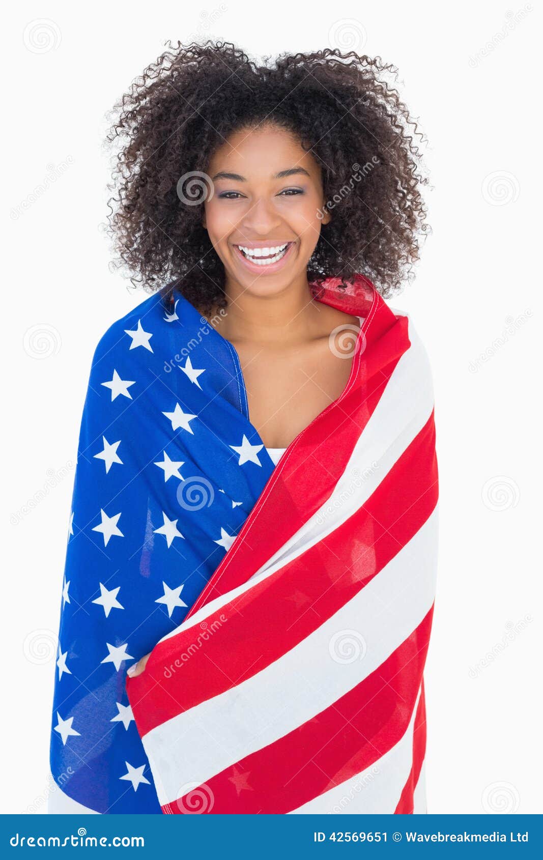 Pretty Girl Wrapped in American Flag Smiling at Camera Stock Image ...
