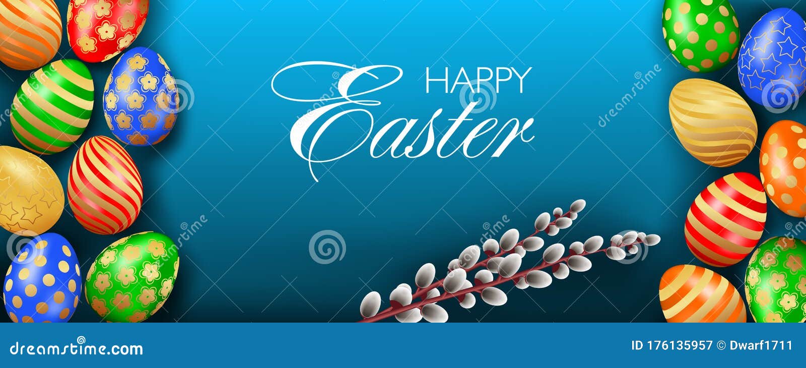 Pretty Happy Easter website header or banner template with multicolored realistic 3D eggs and willow trees on blue background top view 