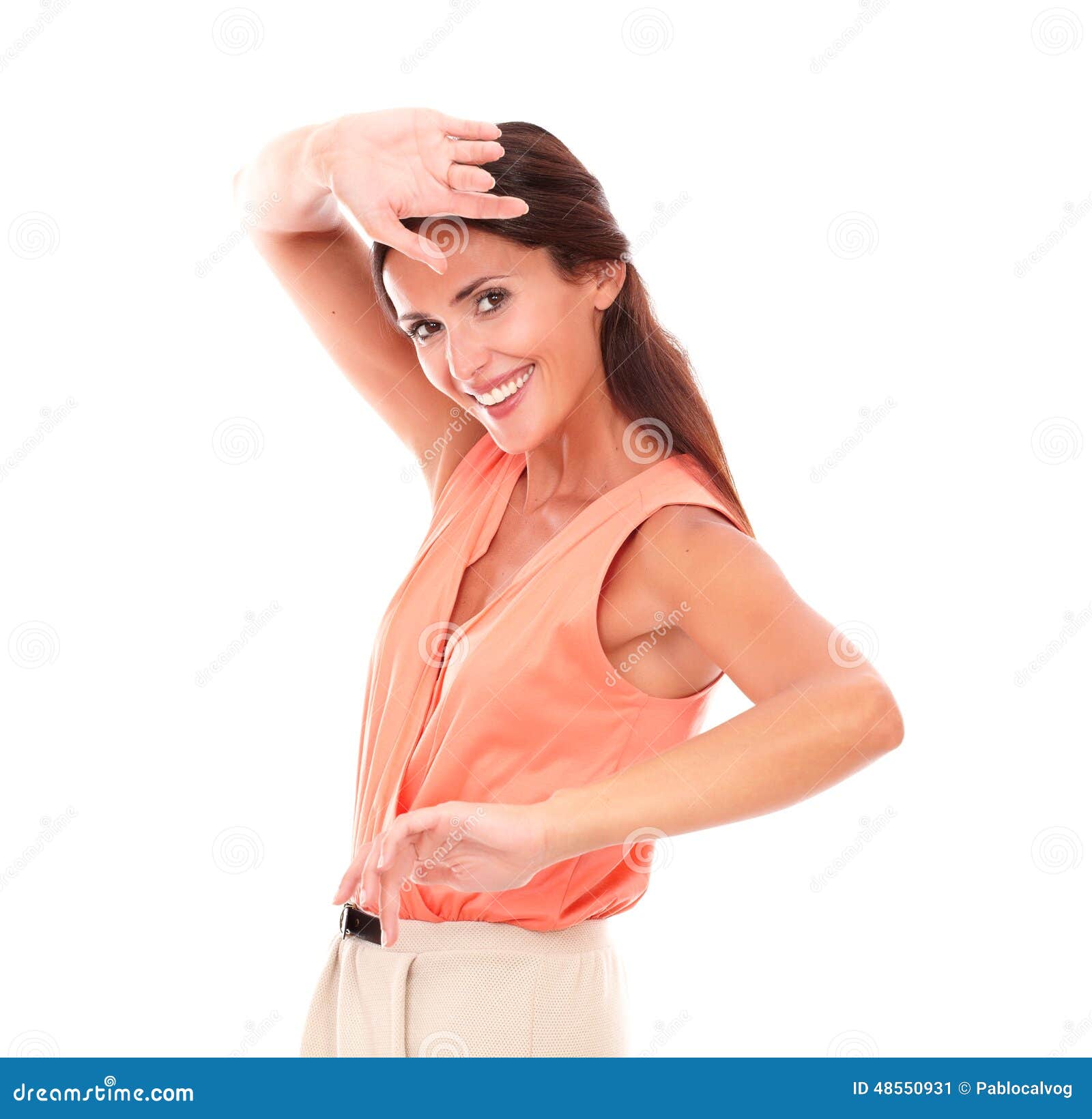 pretty hispanic young lady gesturing dancing looking you white background 48550931