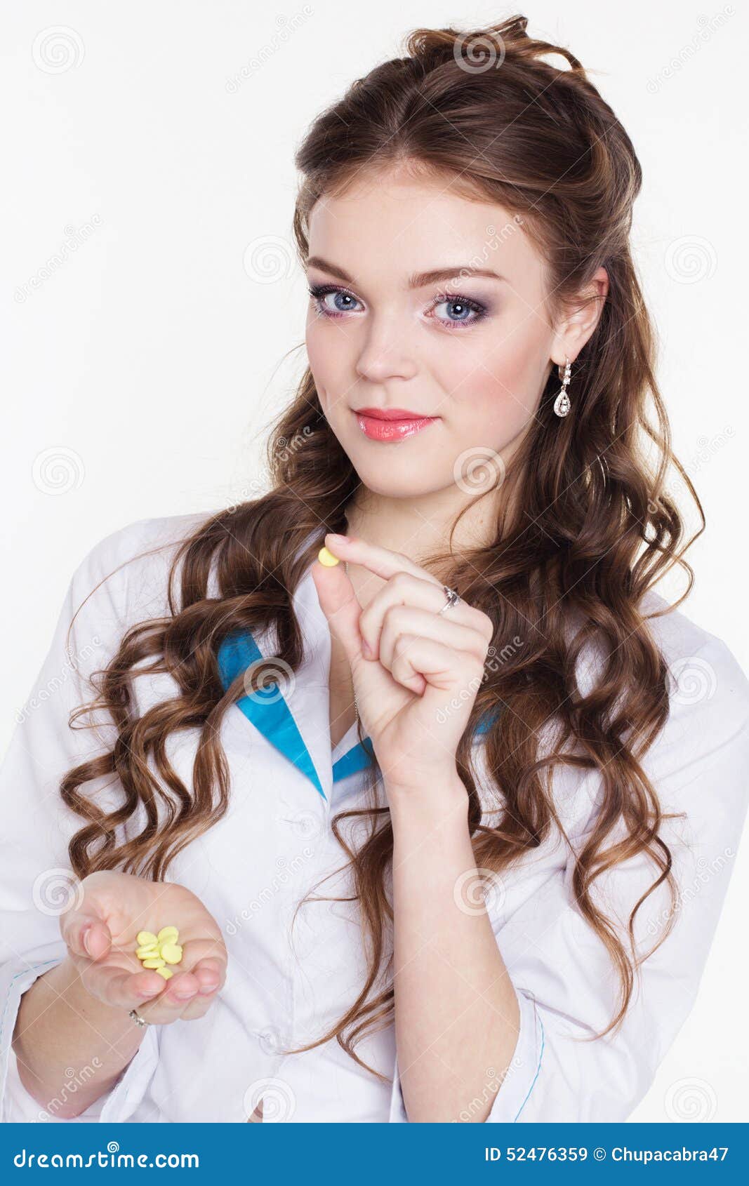 Pretty Intern Girl with Pill Isolated on White Stock Image - Image of care,  expertise: 52476359