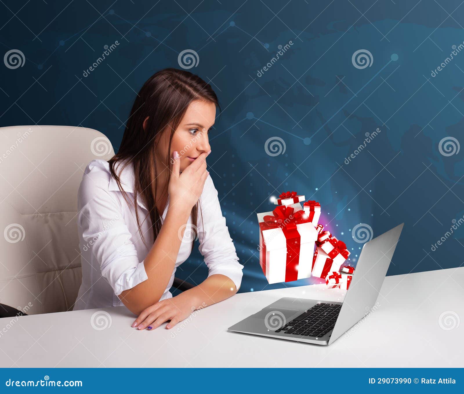 Pretty Lady Sitting at Desk and Typing on Laptop with Present Bo Stock Photo Image of hand