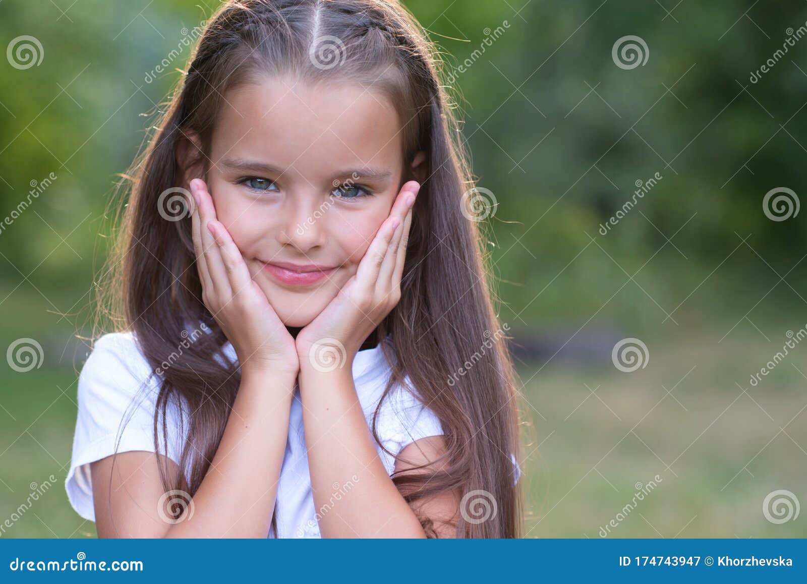 Pretty Little Girl with Long Brown Hair Posing Summer Nature ...