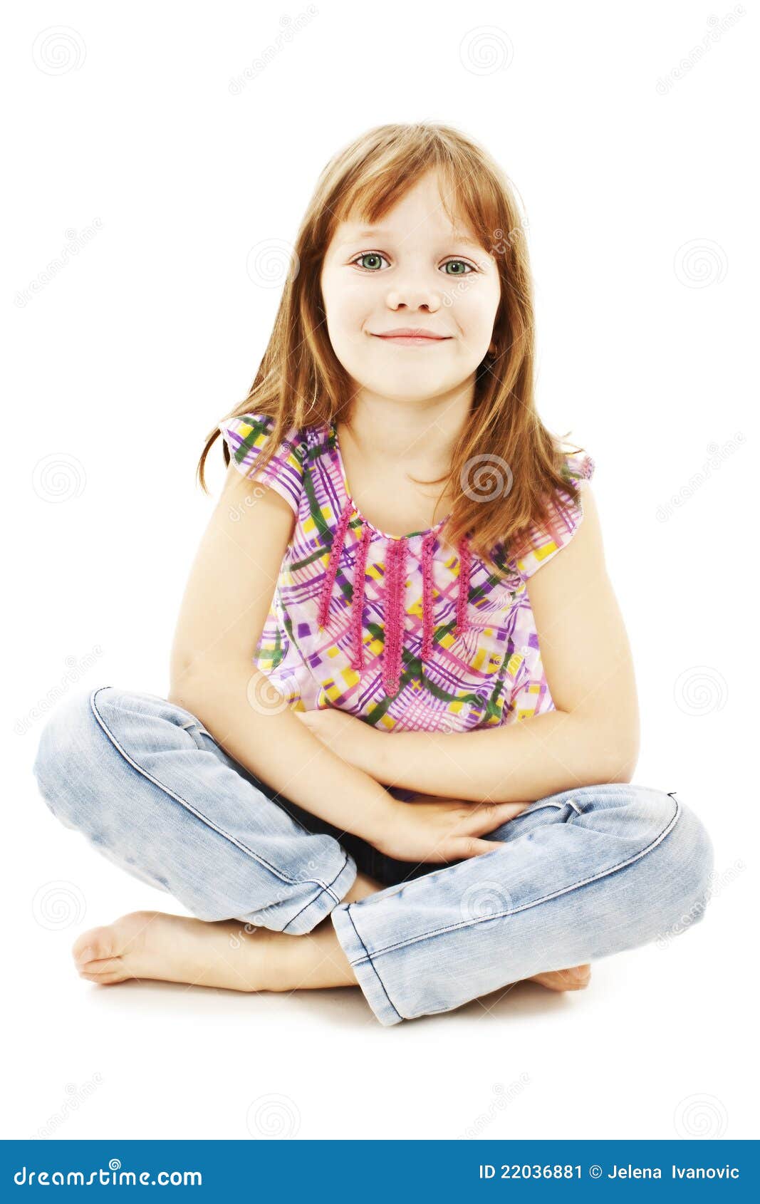 Pretty Little Girl Sitting On The Floor In Jeans Stock 