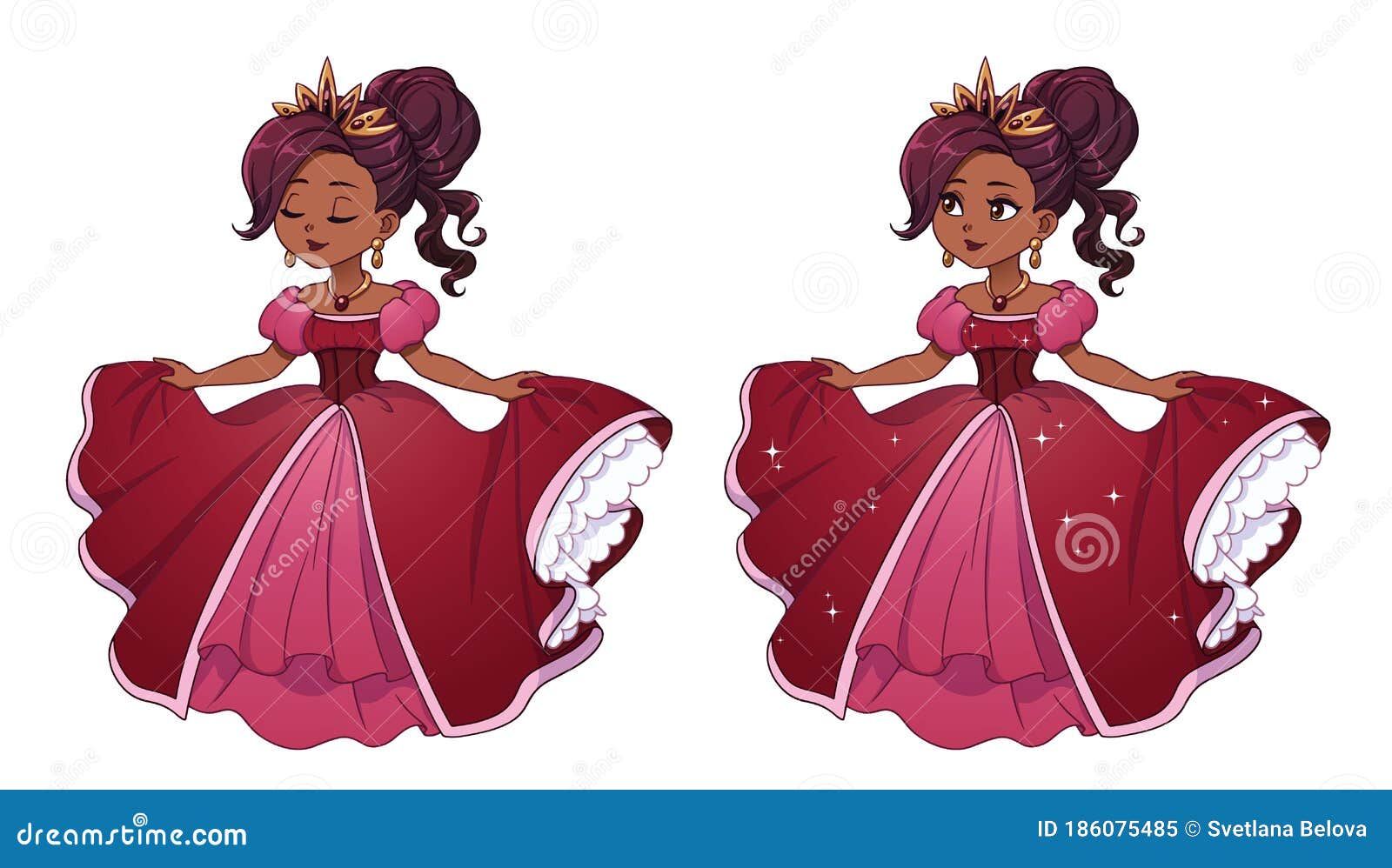 Pretty Little Princess with Dark Hair Tan Skin Red Ball Dress Stock Vector - Illustration of costume, graphic: 186075485