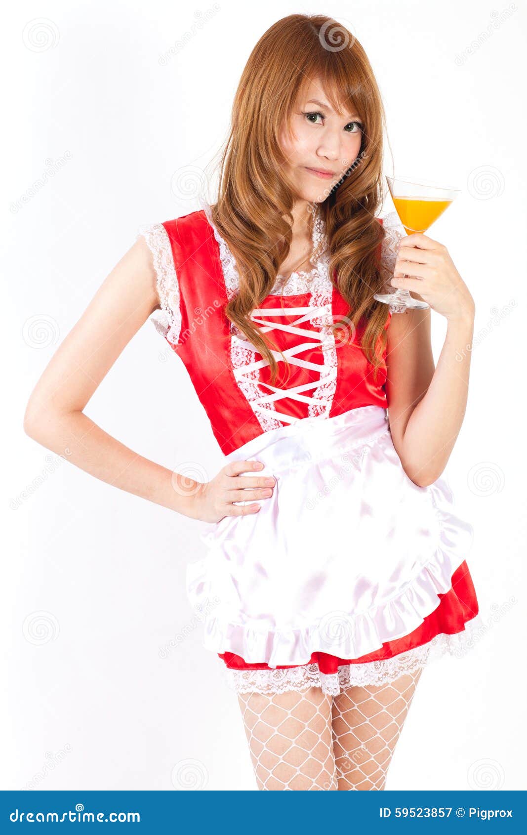 Pretty Maid Drink Orange Juice Glass White Backboard Stock Image ...
